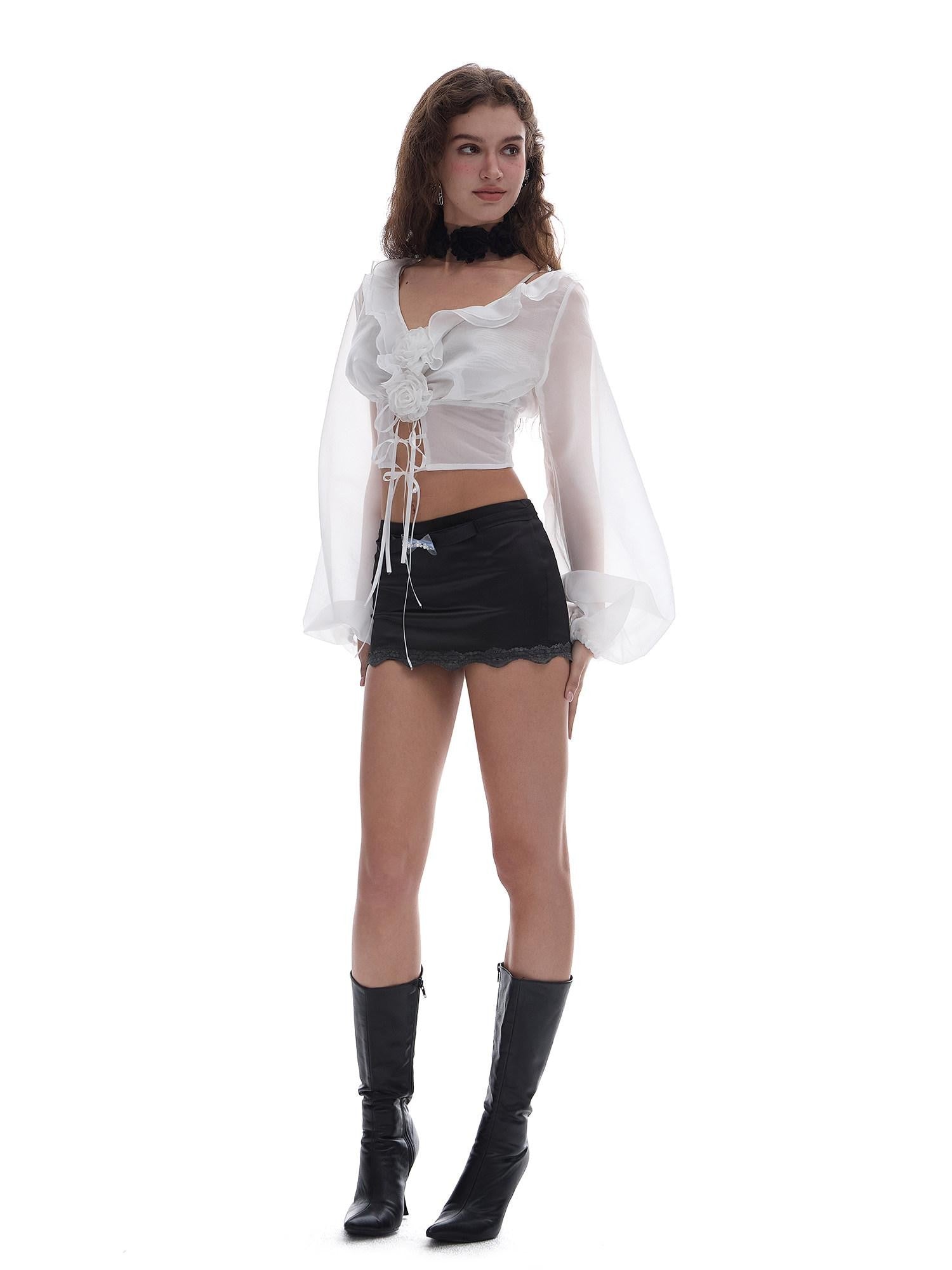 START THE ENGINE Black Lace Low Waist Bodycon Women's Polyester Satin Mini Skirts