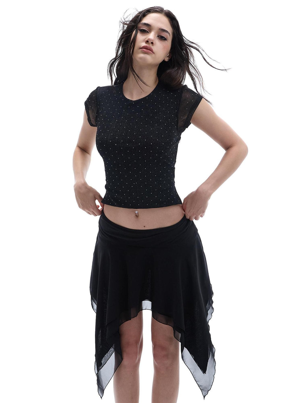 START THE ENGINE Black Lace Open Back Hotfix Rhinestone Slim Fit Women's Crop Tops