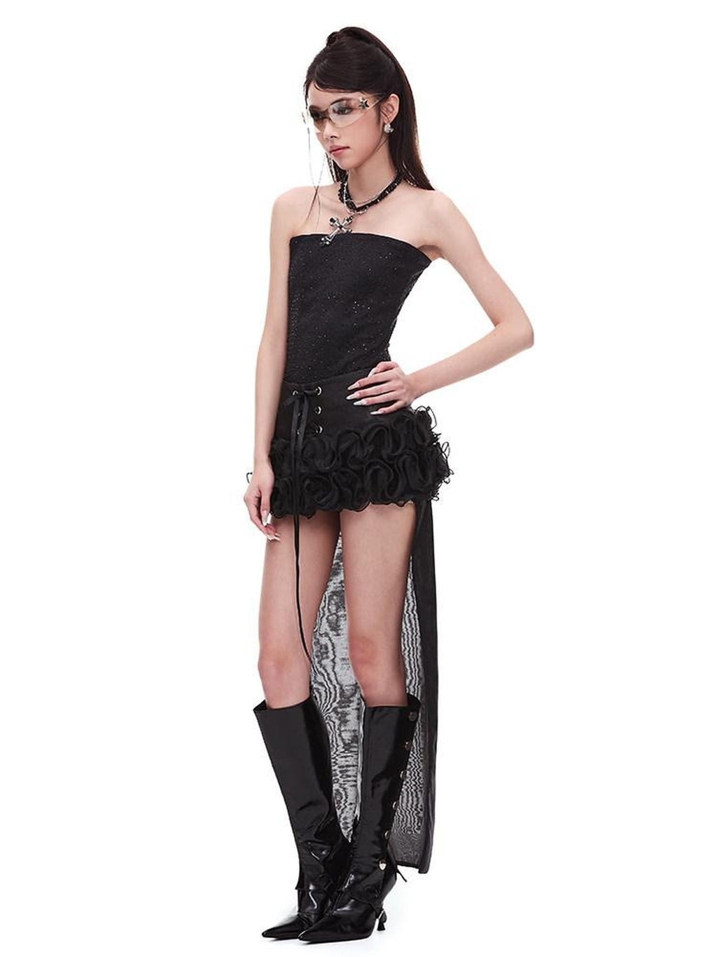 START THE ENGINE Black Lace Splice Lace Up Ruffle Hem Waist Cinch Women's Polyester Mini Skirts