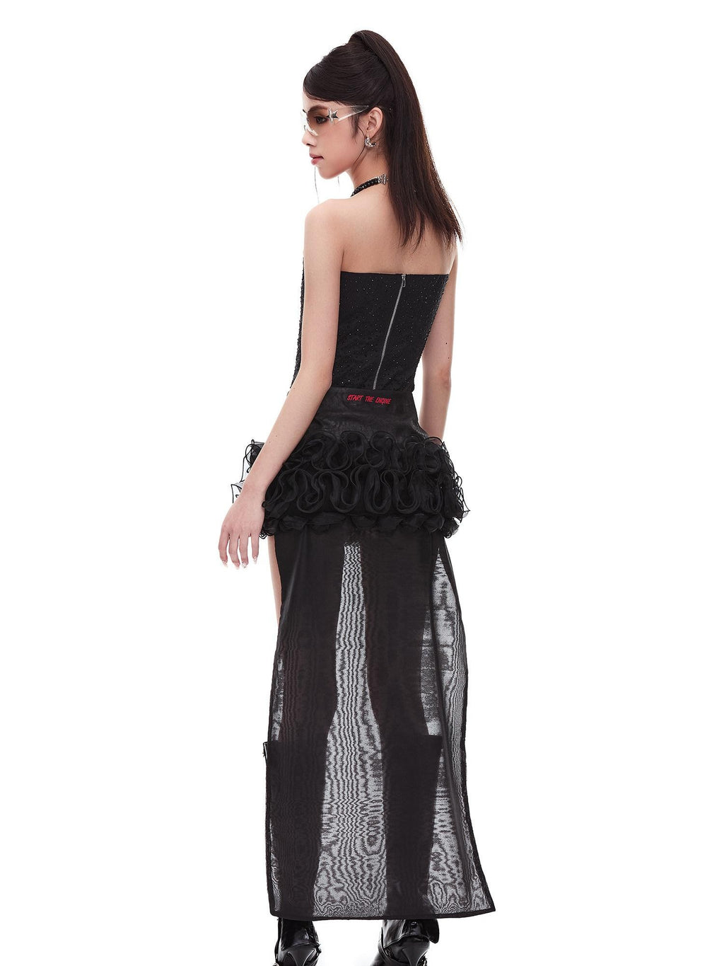 START THE ENGINE Black Lace Splice Lace Up Ruffle Hem Waist Cinch Women's Polyester Mini Skirts