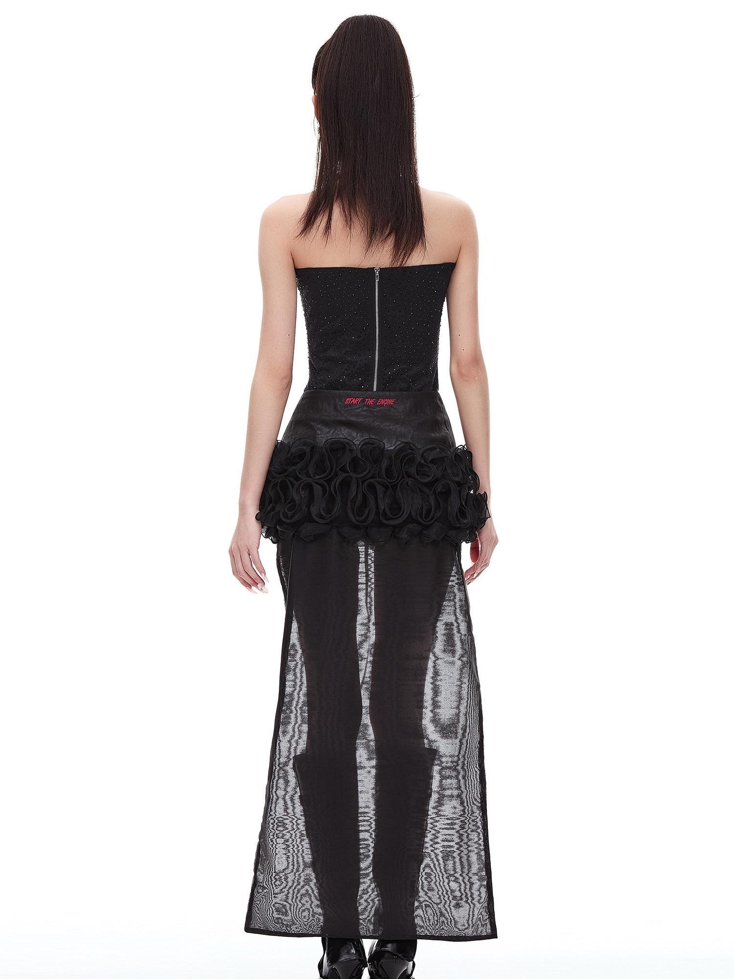 START THE ENGINE Black Lace Splice Lace Up Ruffle Hem Waist Cinch Women's Polyester Mini Skirts