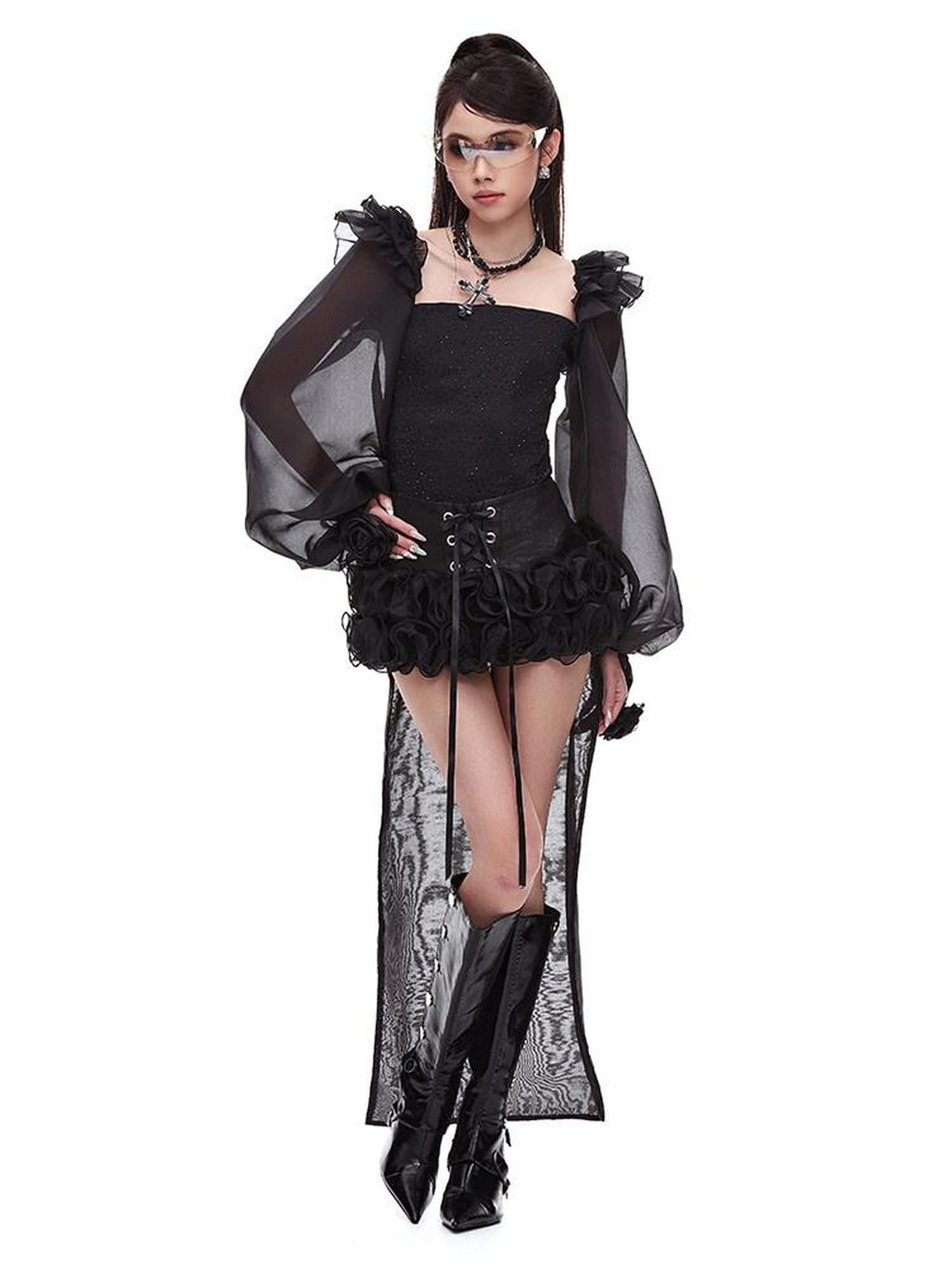 START THE ENGINE Black Lace Splice Lace Up Ruffle Hem Waist Cinch Women's Polyester Mini Skirts
