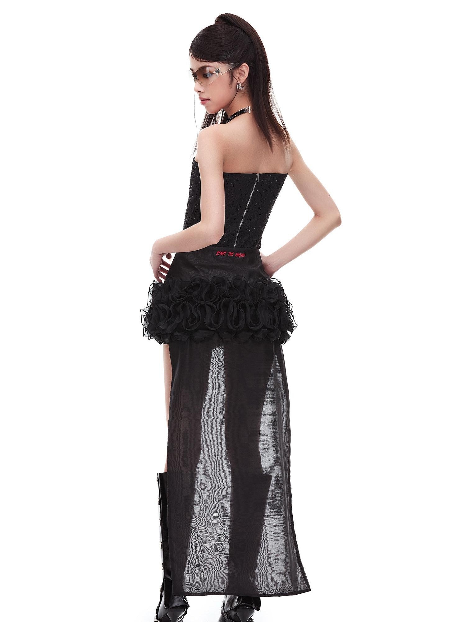 START THE ENGINE Black Lace Splice Lace Up Ruffle Hem Waist Cinch Women's Polyester Mini Skirts