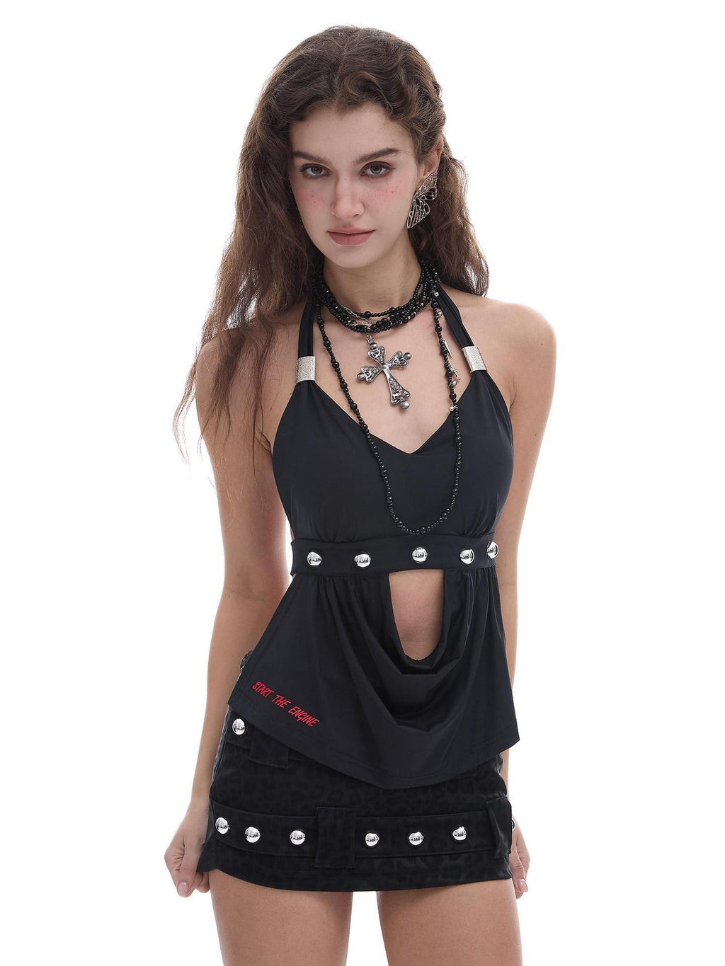START THE ENGINE Black Open Back Studded Tie Transfer Print Women's Nylon Halter Tops