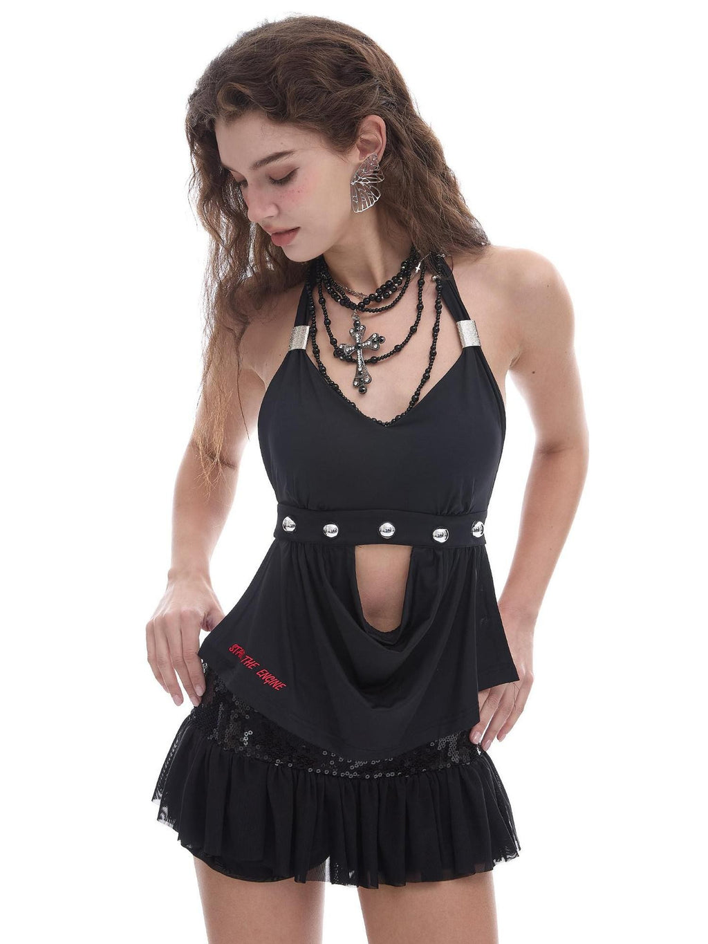 START THE ENGINE Black Open Back Studded Tie Transfer Print Women's Nylon Halter Tops