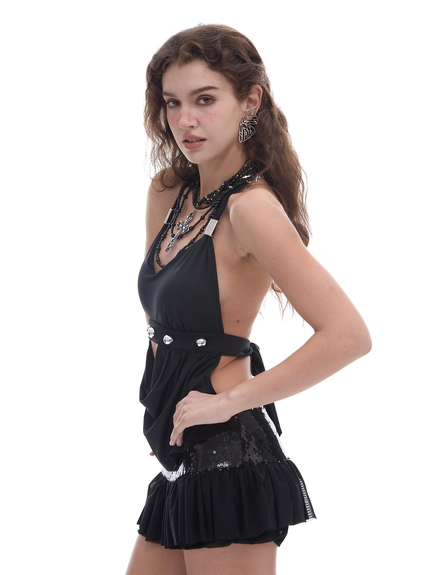 START THE ENGINE Black Open Back Studded Tie Transfer Print Women's Nylon Halter Tops