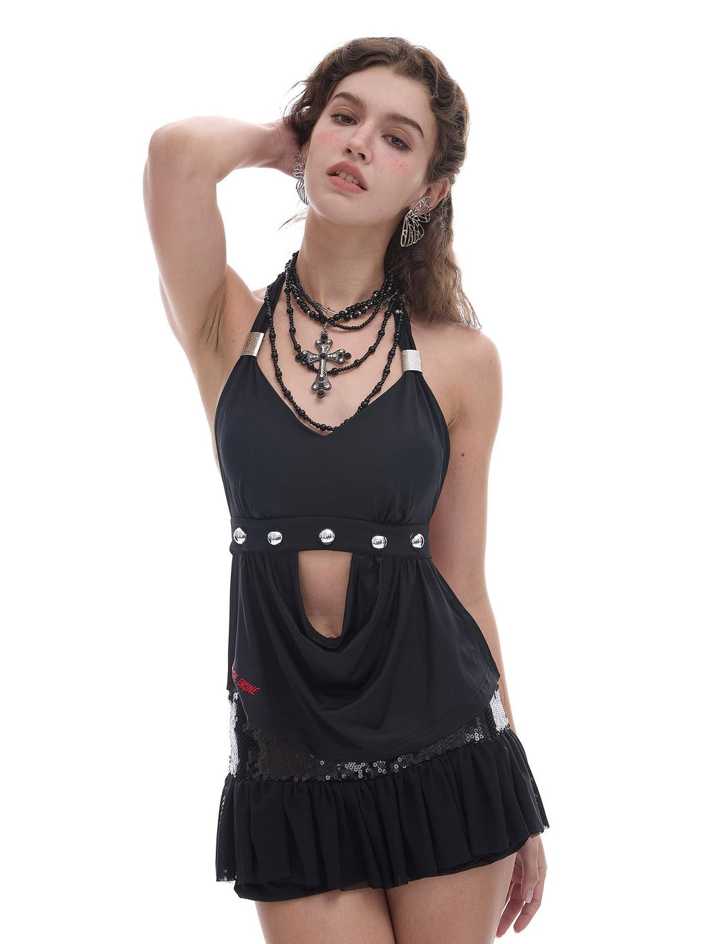 START THE ENGINE Black Open Back Studded Tie Transfer Print Women's Nylon Halter Tops