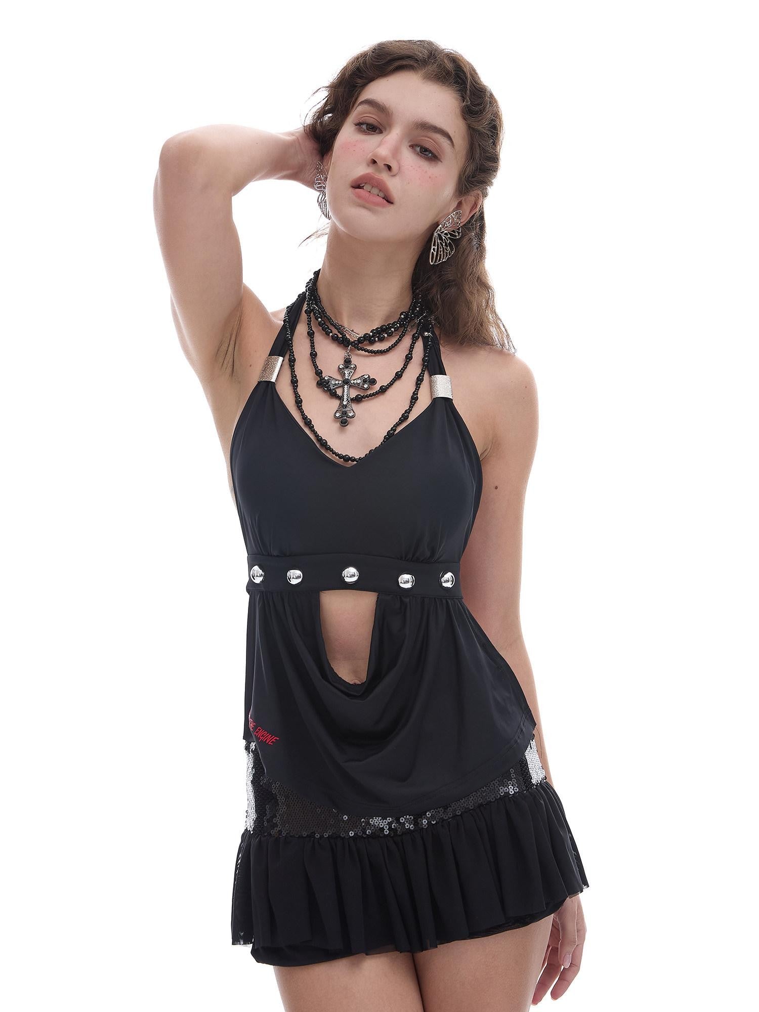 START THE ENGINE Black Open Back Studded Tie Transfer Print Women's Nylon Halter Tops