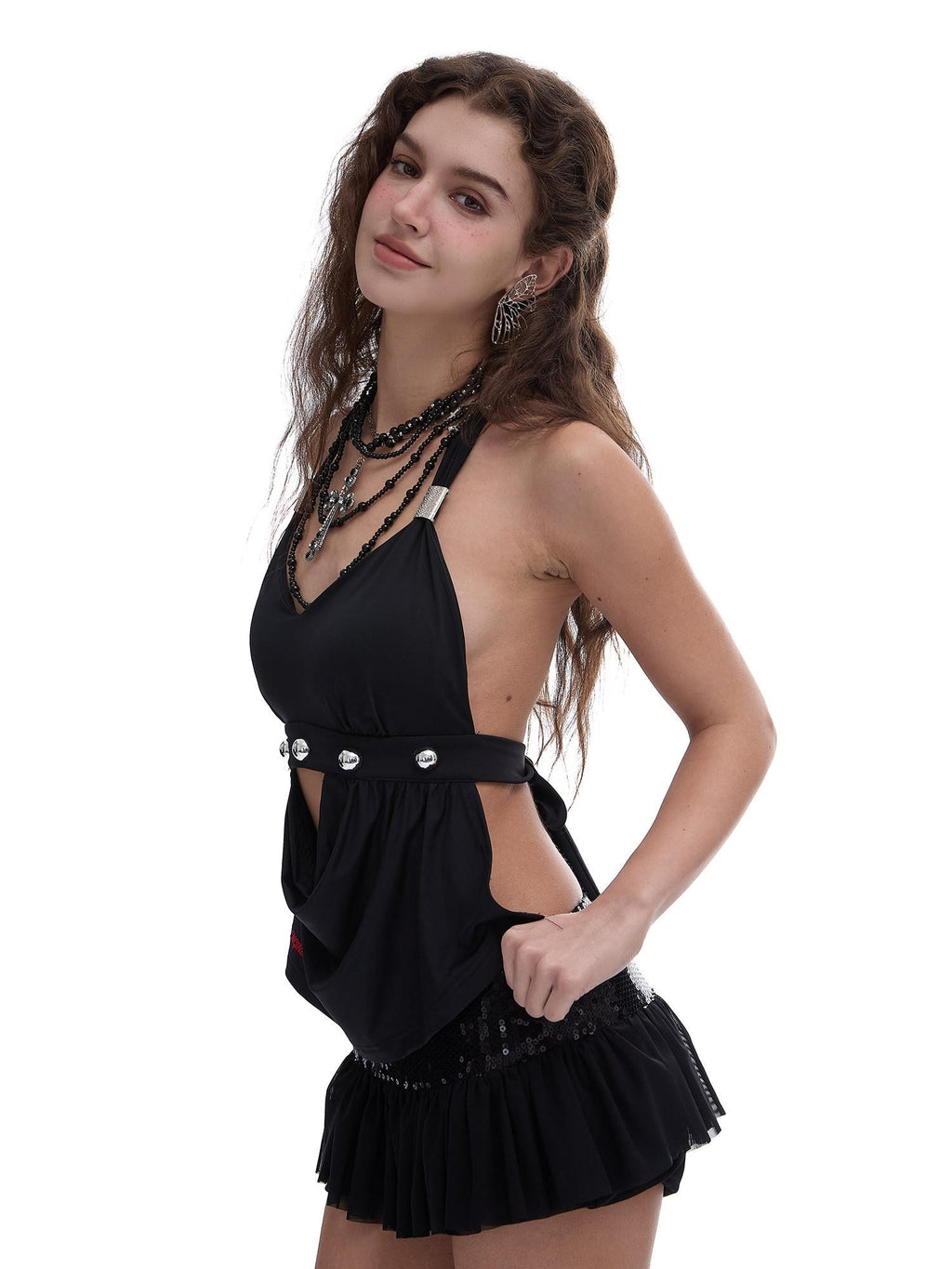 START THE ENGINE Black Open Back Studded Tie Transfer Print Women's Nylon Halter Tops