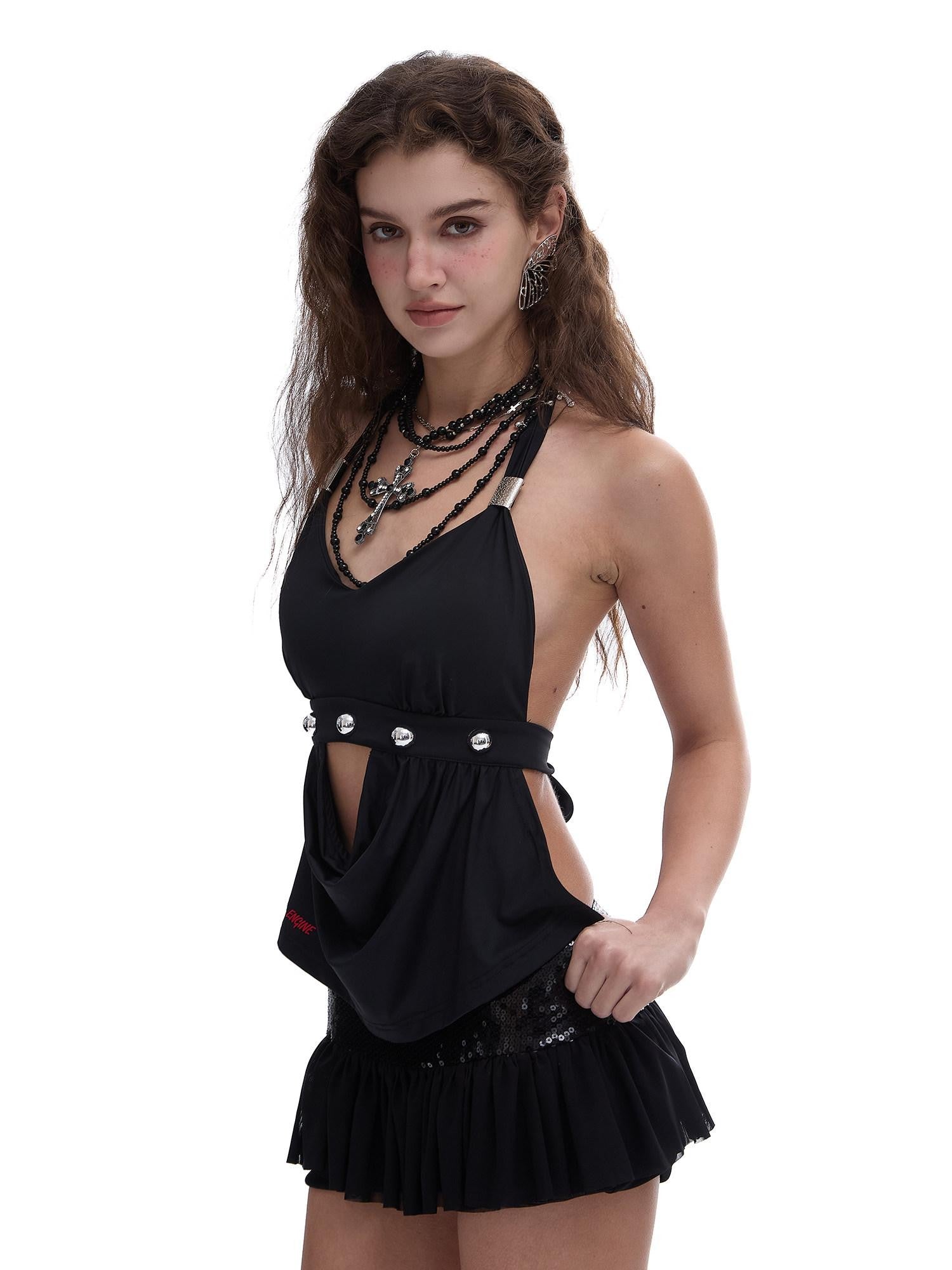 START THE ENGINE Black Open Back Studded Tie Transfer Print Women's Nylon Halter Tops