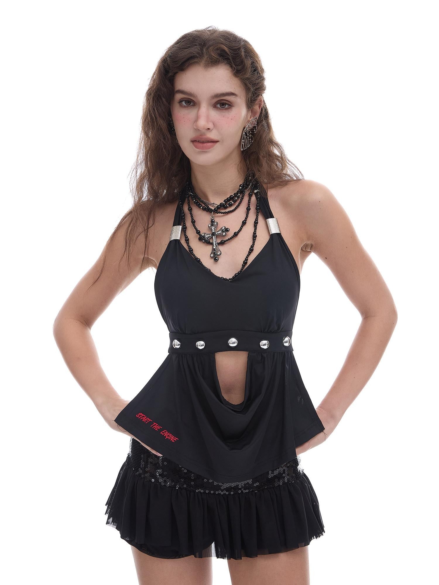 START THE ENGINE Black Open Back Studded Tie Transfer Print Women's Nylon Halter Tops