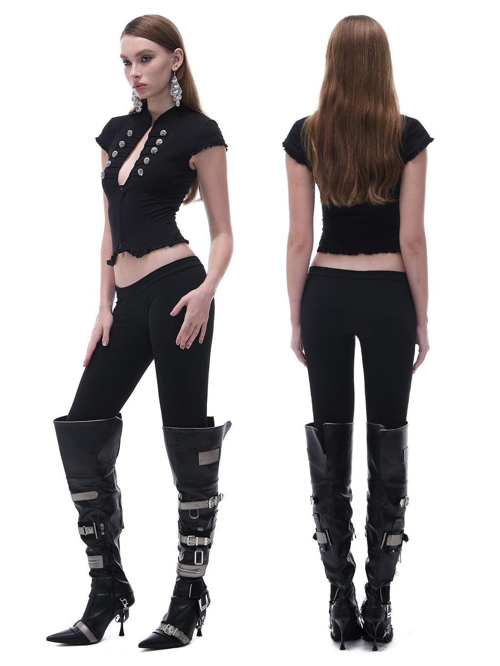 START THE ENGINE Black Qipao Collar Ruffle Trim Knit Women's Cotton Blend Short Sleeve T-shirts