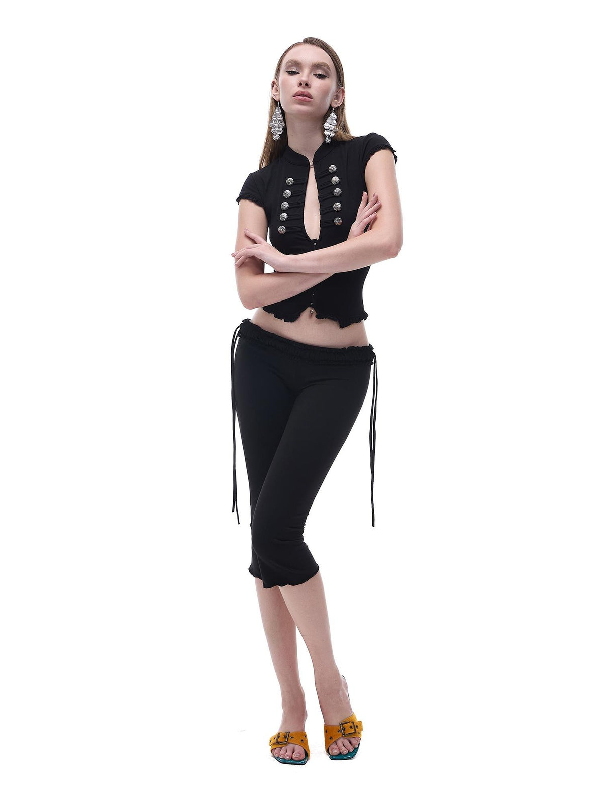 START THE ENGINE Black Qipao Collar Ruffle Trim Knit Women's Cotton Blend Short Sleeve T-shirts