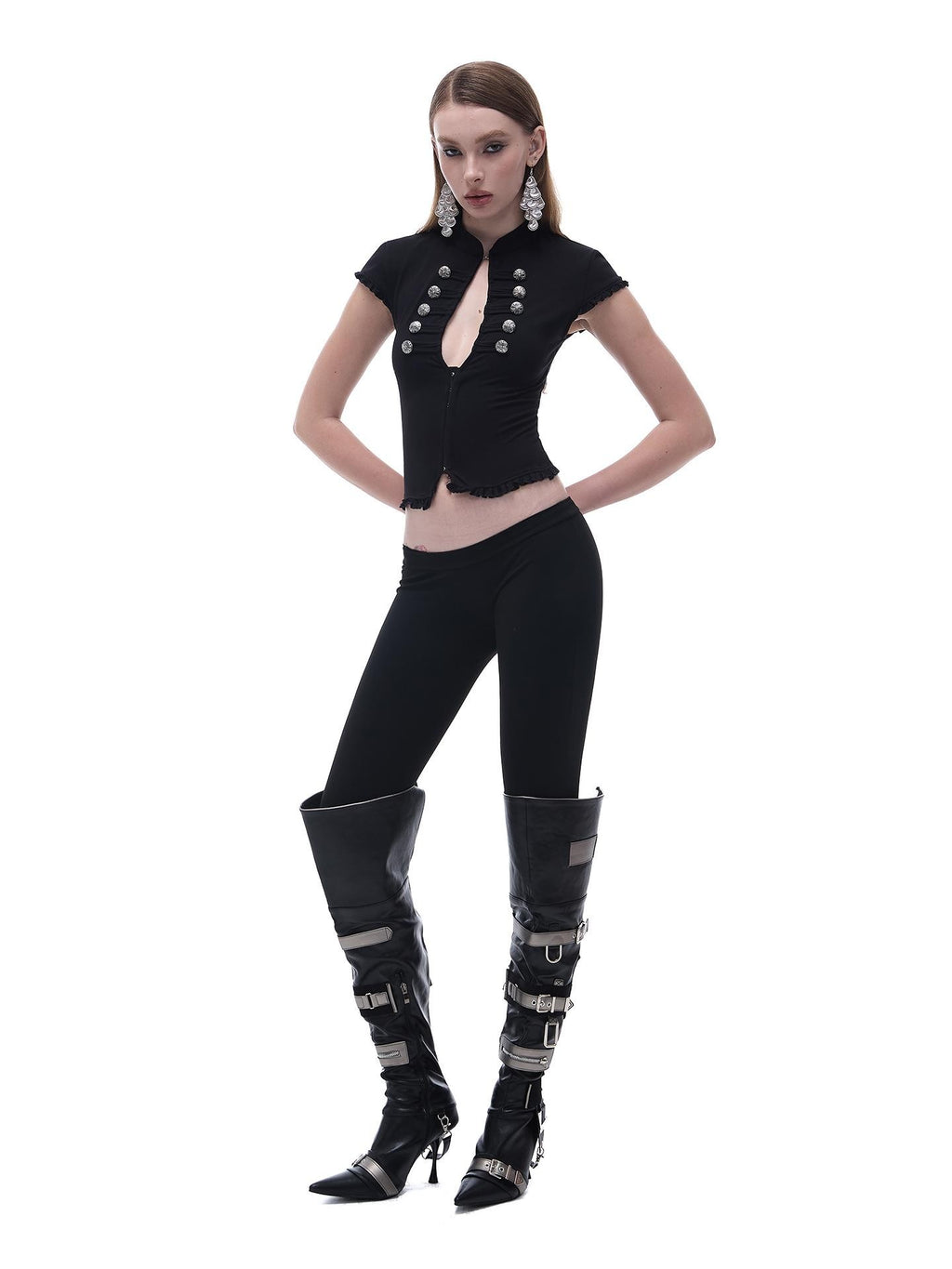 START THE ENGINE Black Qipao Collar Ruffle Trim Knit Women's Cotton Blend Short Sleeve T-shirts