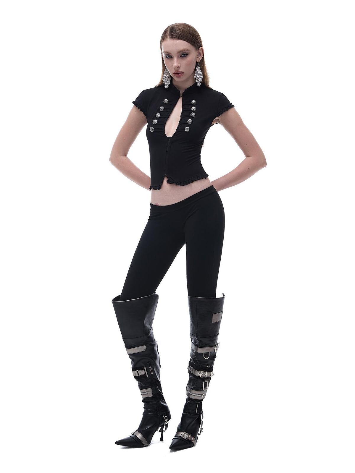 START THE ENGINE Black Qipao Collar Ruffle Trim Knit Women's Cotton Blend Short Sleeve T-shirts