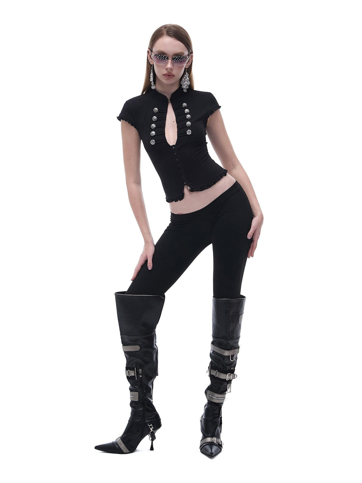 START THE ENGINE Black Qipao Collar Ruffle Trim Knit Women's Cotton Blend Short Sleeve T-shirts