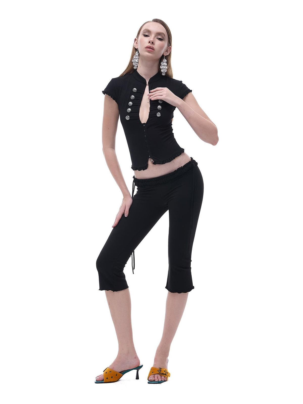 START THE ENGINE Black Qipao Collar Ruffle Trim Knit Women's Cotton Blend Short Sleeve T-shirts