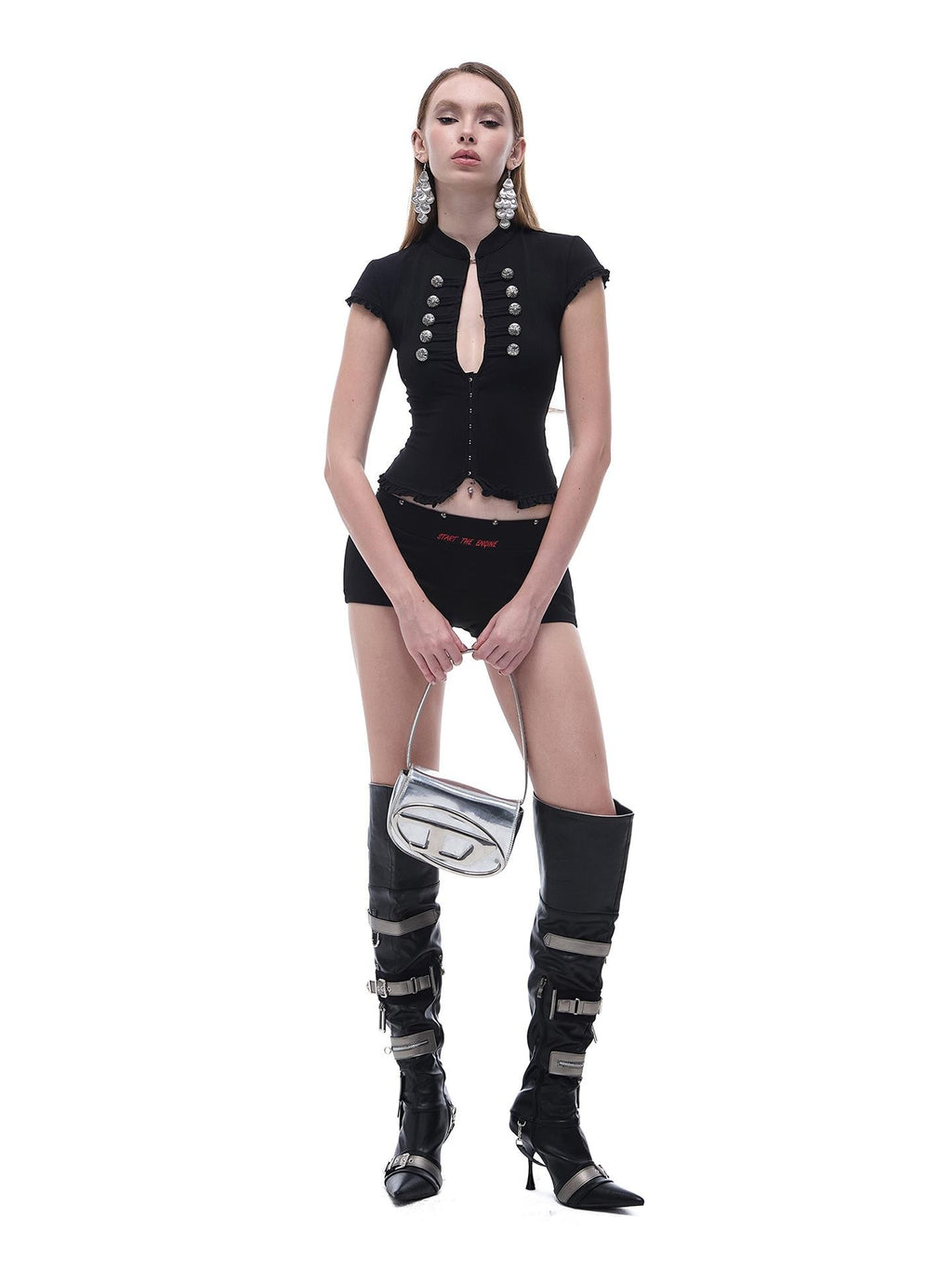 START THE ENGINE Black Qipao Collar Ruffle Trim Knit Women's Cotton Blend Short Sleeve T-shirts