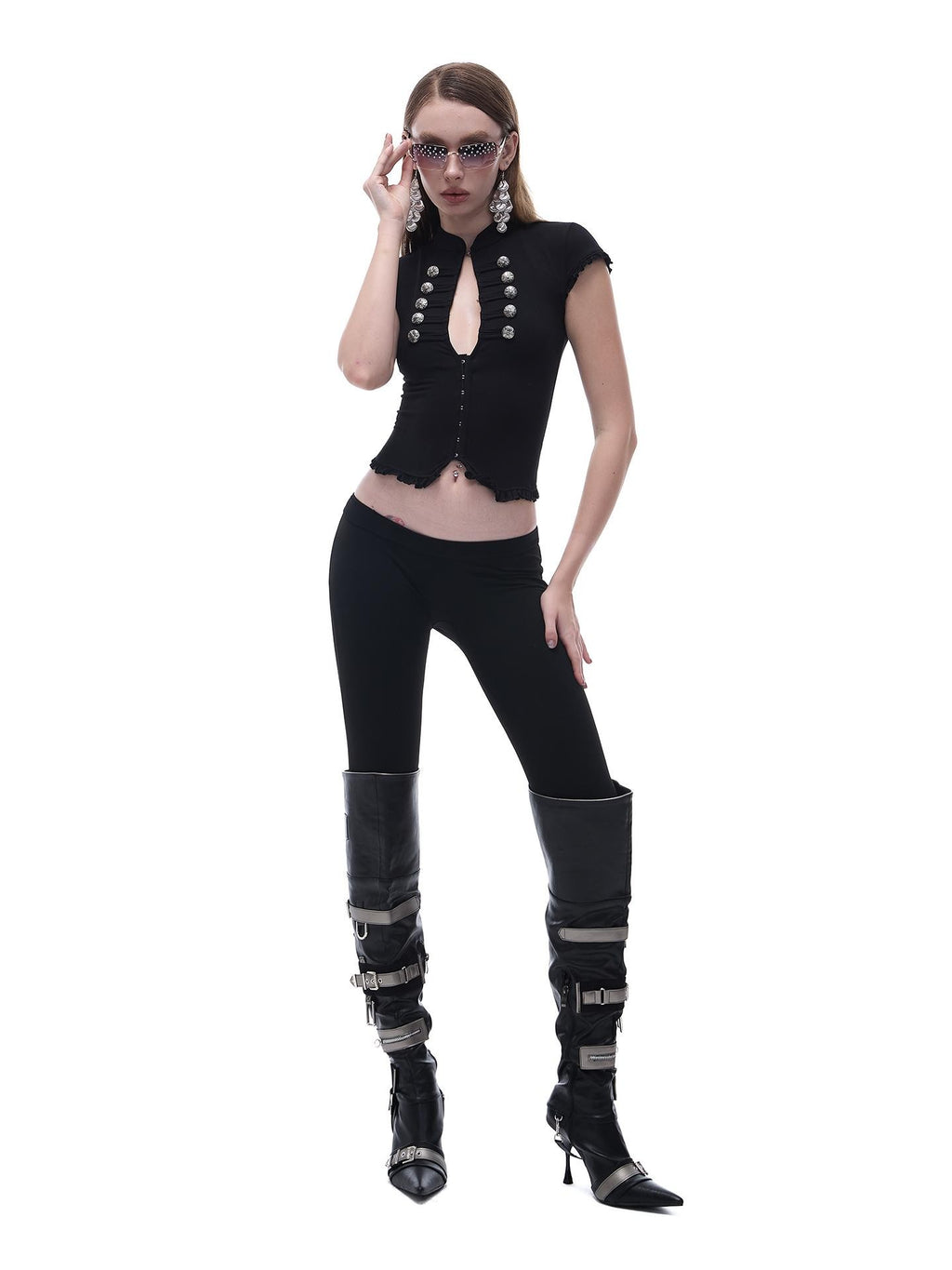 START THE ENGINE Black Qipao Collar Ruffle Trim Knit Women's Cotton Blend Short Sleeve T-shirts