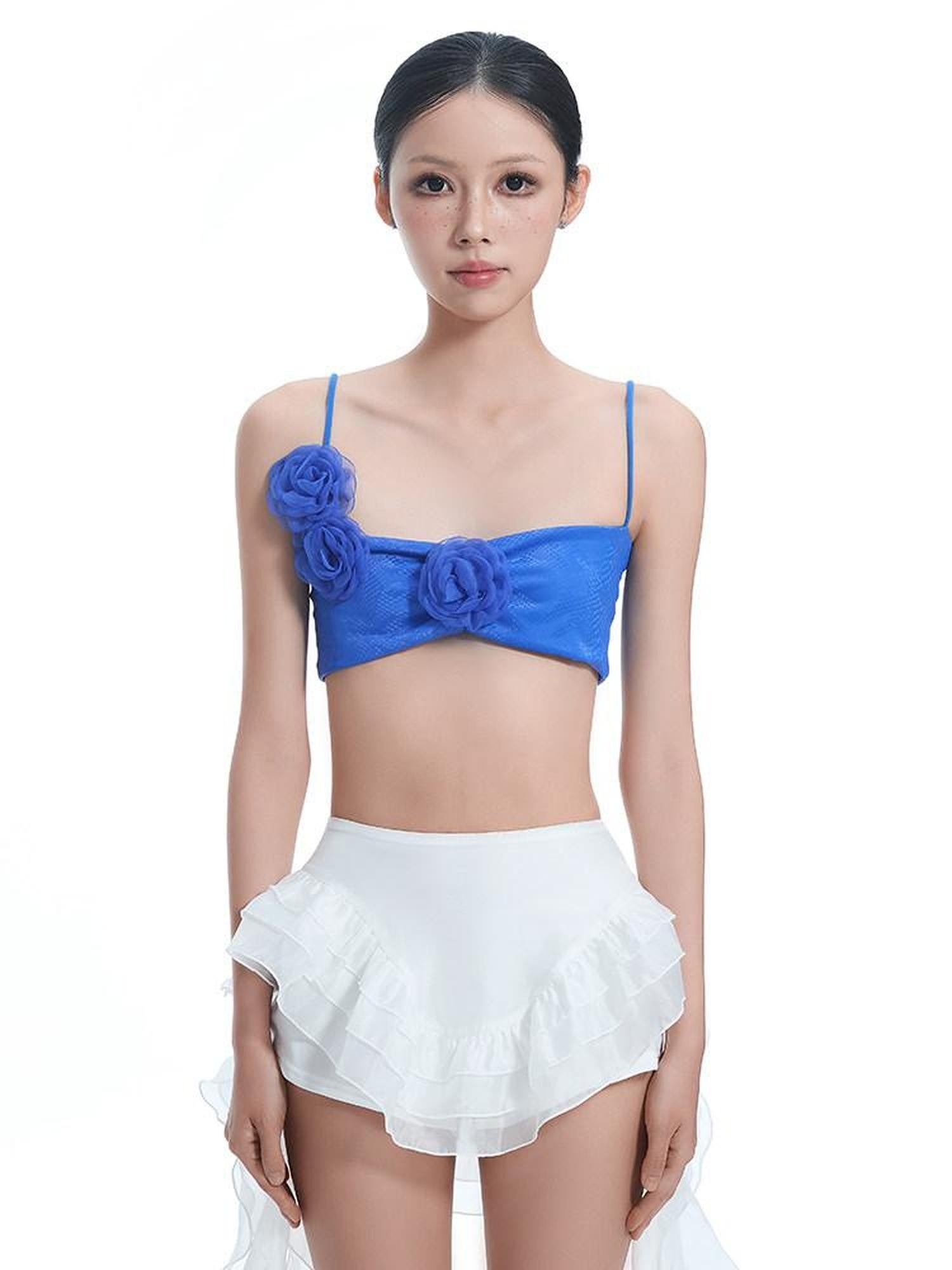 START THE ENGINE Blue 3d Floral Embellished Asymmetrical Strappy Women's Camisoles