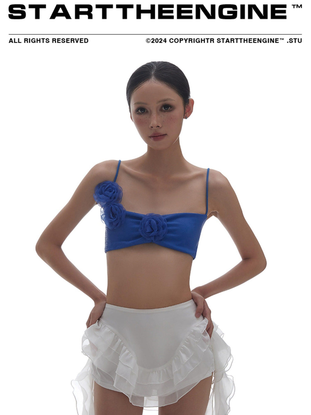 START THE ENGINE Blue 3d Floral Embellished Asymmetrical Strappy Women's Camisoles