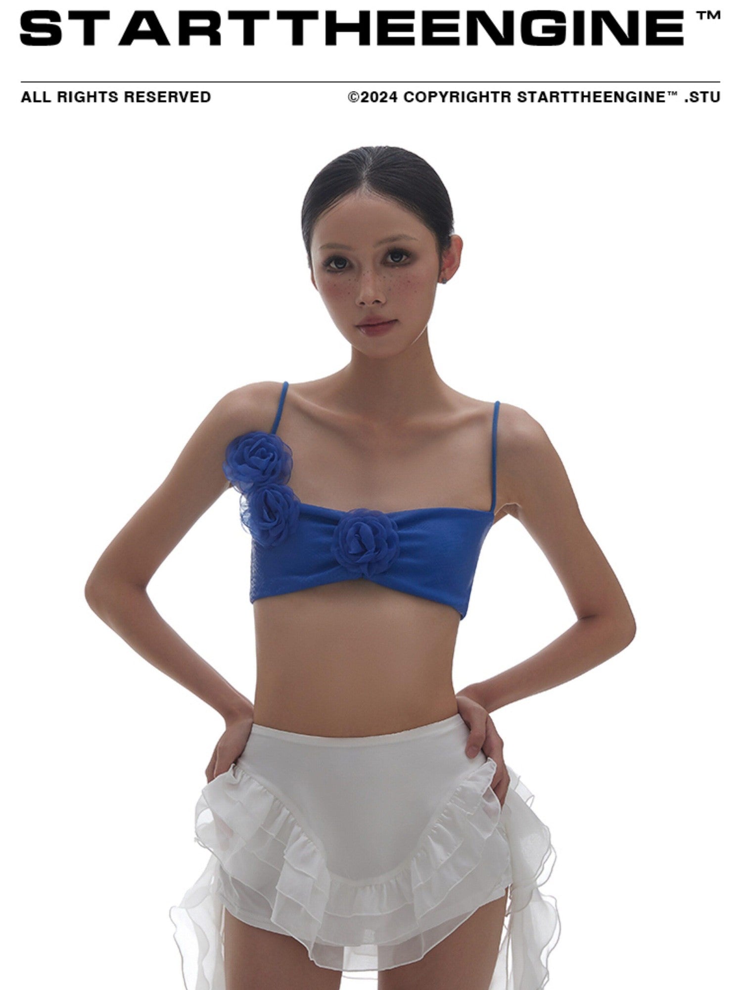 START THE ENGINE Blue 3d Floral Embellished Asymmetrical Strappy Women's Camisoles