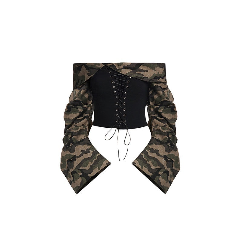 START_THE_ENGINE_Camouflage_Lace_Up_Bandeau_Spliced_Women's_Cotton_Blend_Off-shoulder_Blouses_826558469612_MISSTT
