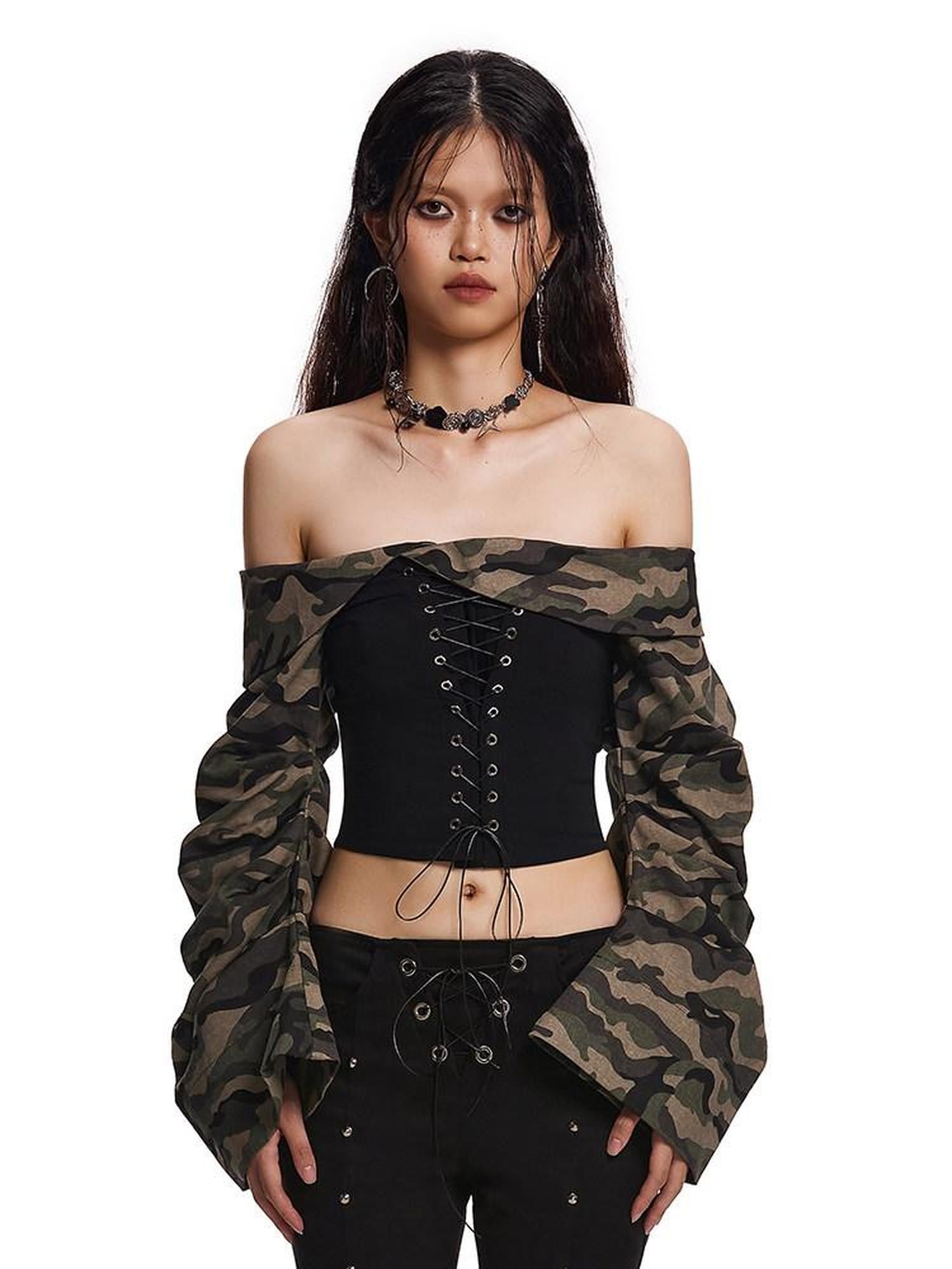 START THE ENGINE Camouflage Lace Up Bandeau Spliced Women's Cotton Blend Off-shoulder Blouses