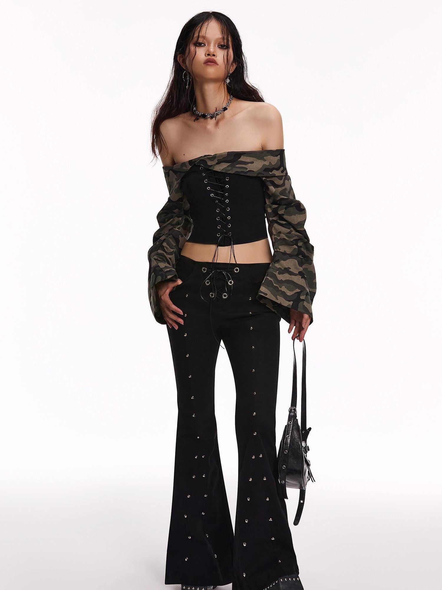 START THE ENGINE Camouflage Lace Up Bandeau Spliced Women's Cotton Blend Off-shoulder Blouses