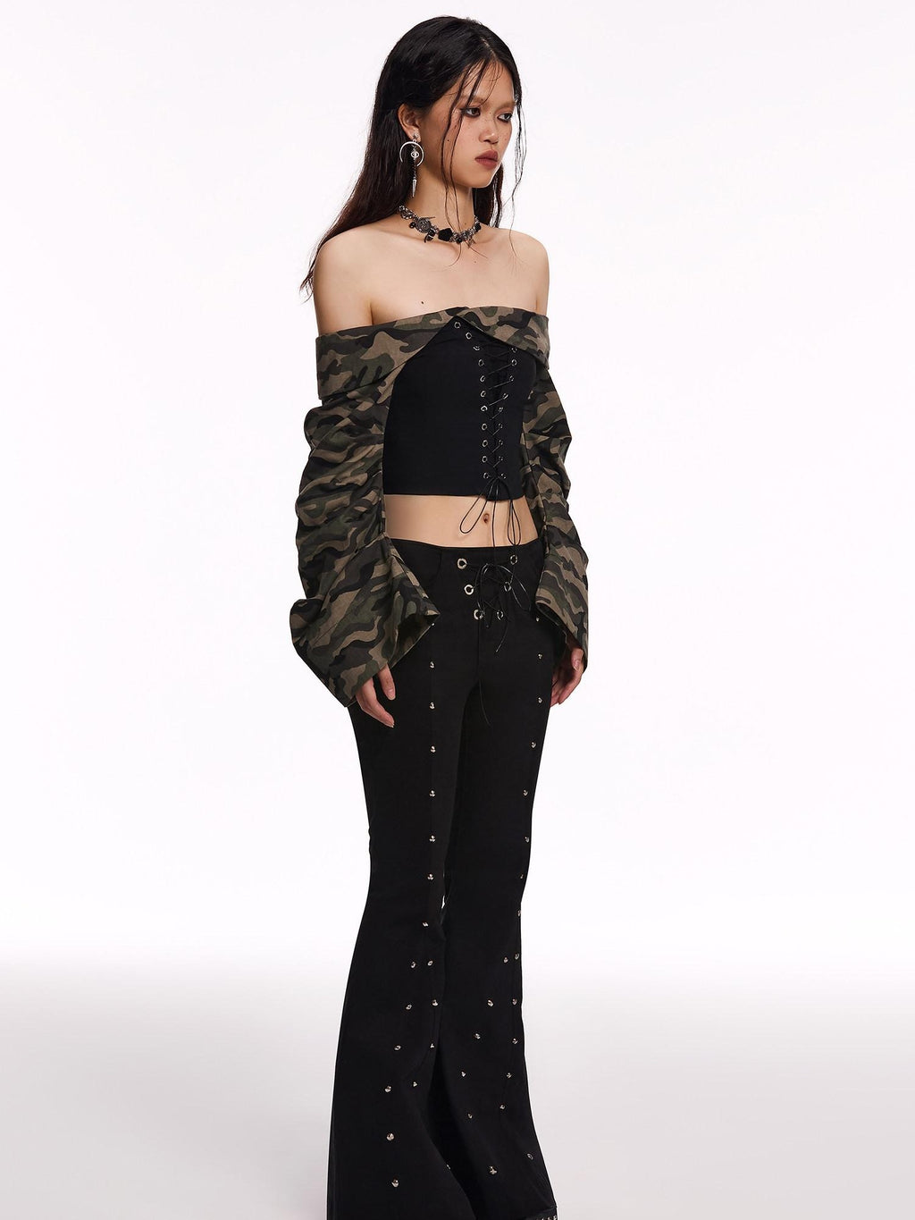 START THE ENGINE Camouflage Lace Up Bandeau Spliced Women's Cotton Blend Off-shoulder Blouses