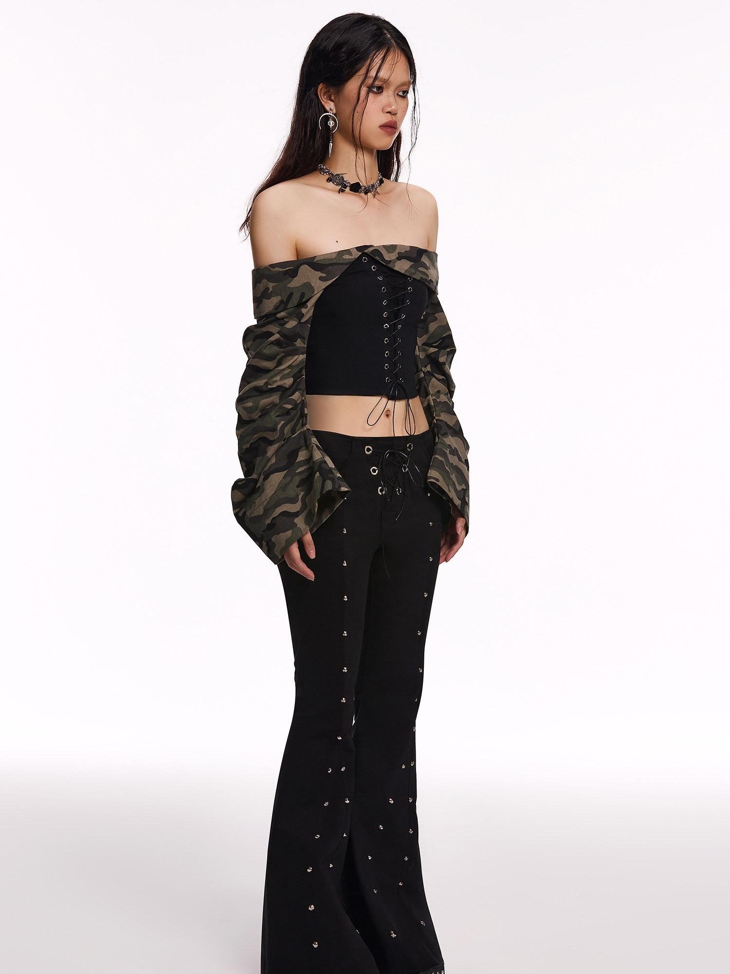 START THE ENGINE Camouflage Lace Up Bandeau Spliced Women's Cotton Blend Off-shoulder Blouses