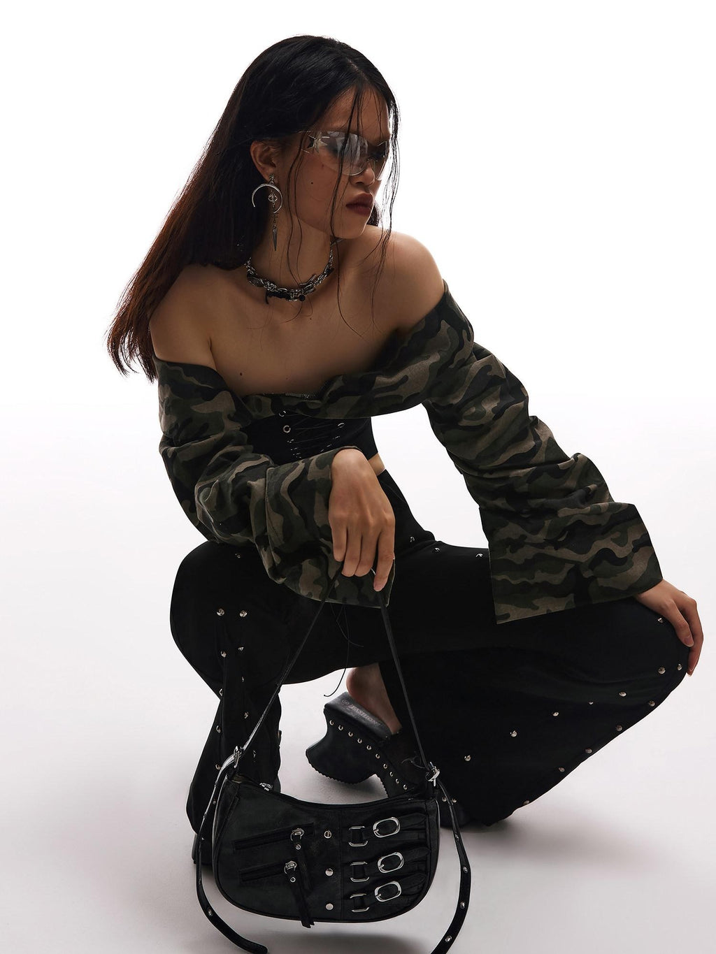 START THE ENGINE Camouflage Lace Up Bandeau Spliced Women's Cotton Blend Off-shoulder Blouses