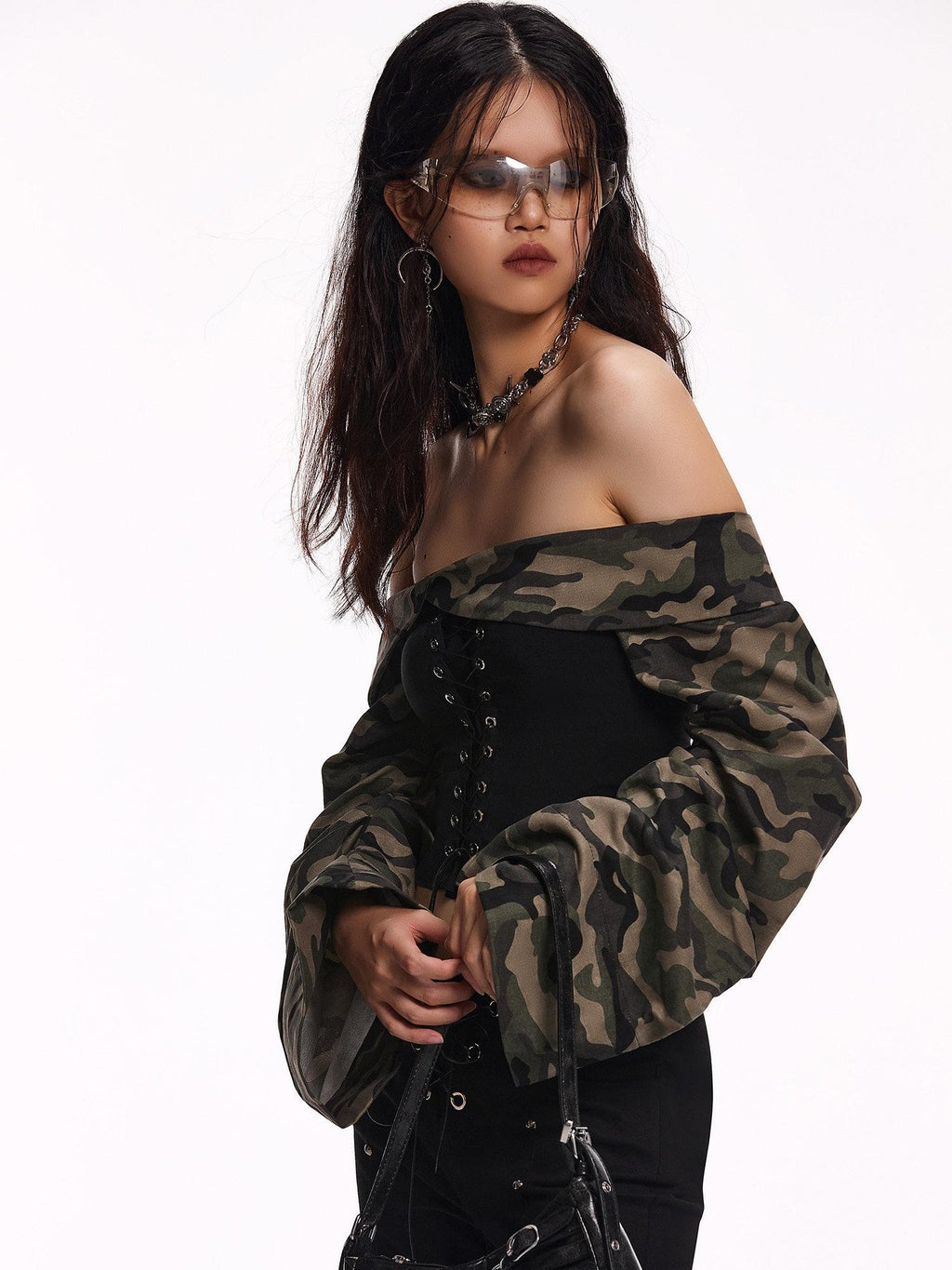 START THE ENGINE Camouflage Lace Up Bandeau Spliced Women's Cotton Blend Off-shoulder Blouses