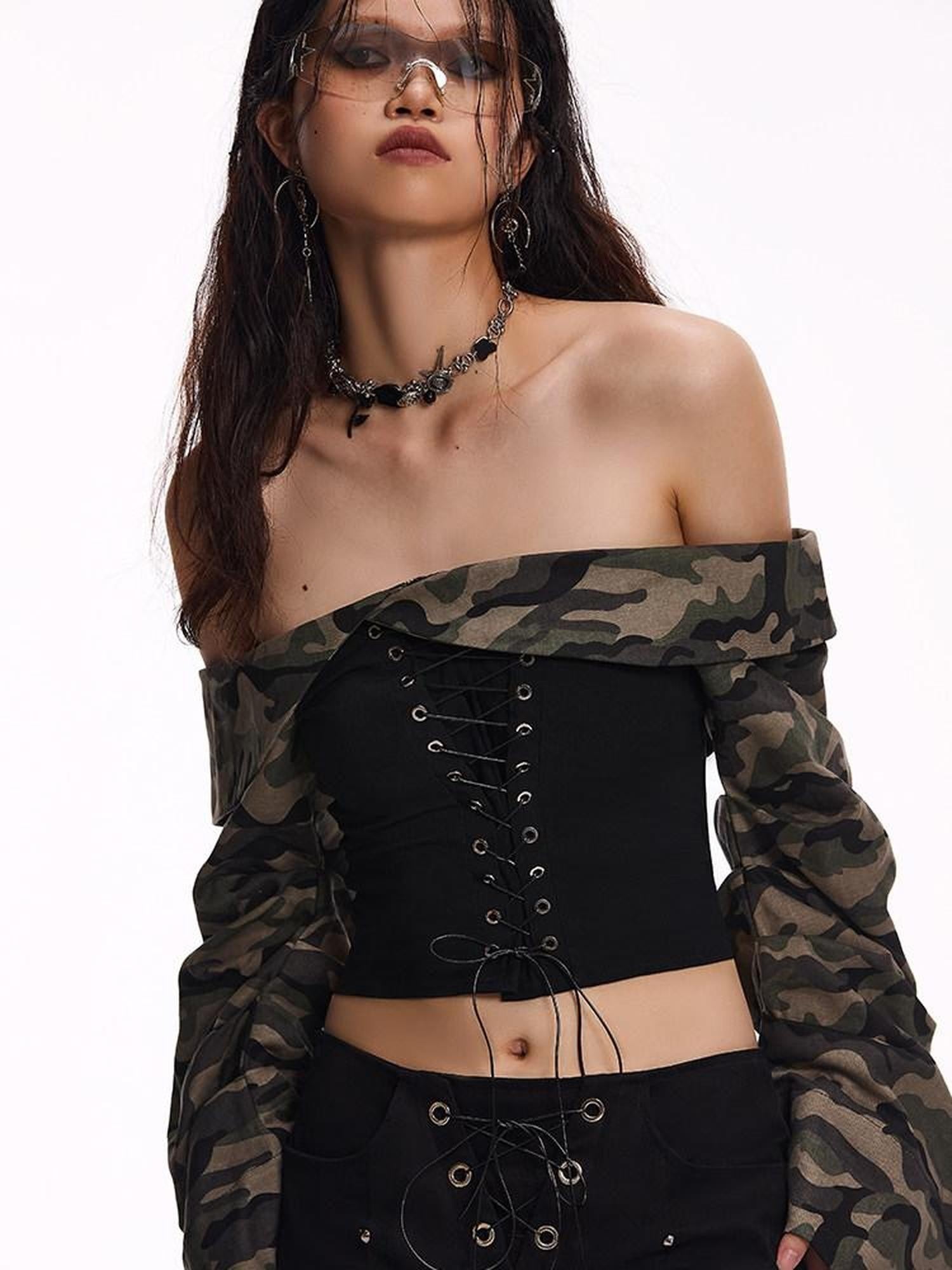 START THE ENGINE Camouflage Lace Up Bandeau Spliced Women's Cotton Blend Off-shoulder Blouses