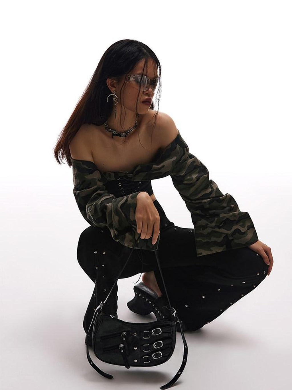 START THE ENGINE Camouflage Lace Up Bandeau Spliced Women's Cotton Blend Off-shoulder Blouses