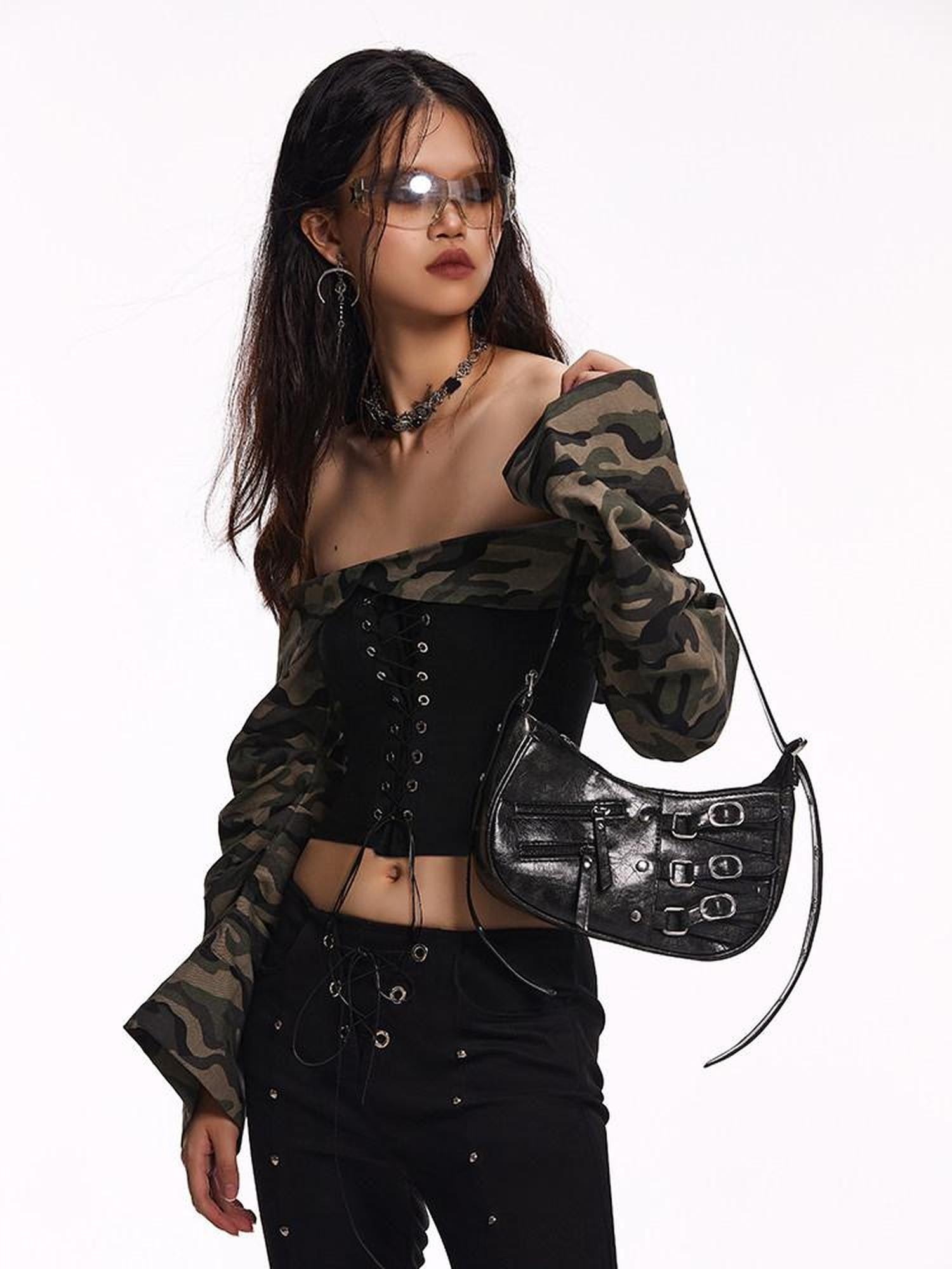 START THE ENGINE Camouflage Lace Up Bandeau Spliced Women's Cotton Blend Off-shoulder Blouses