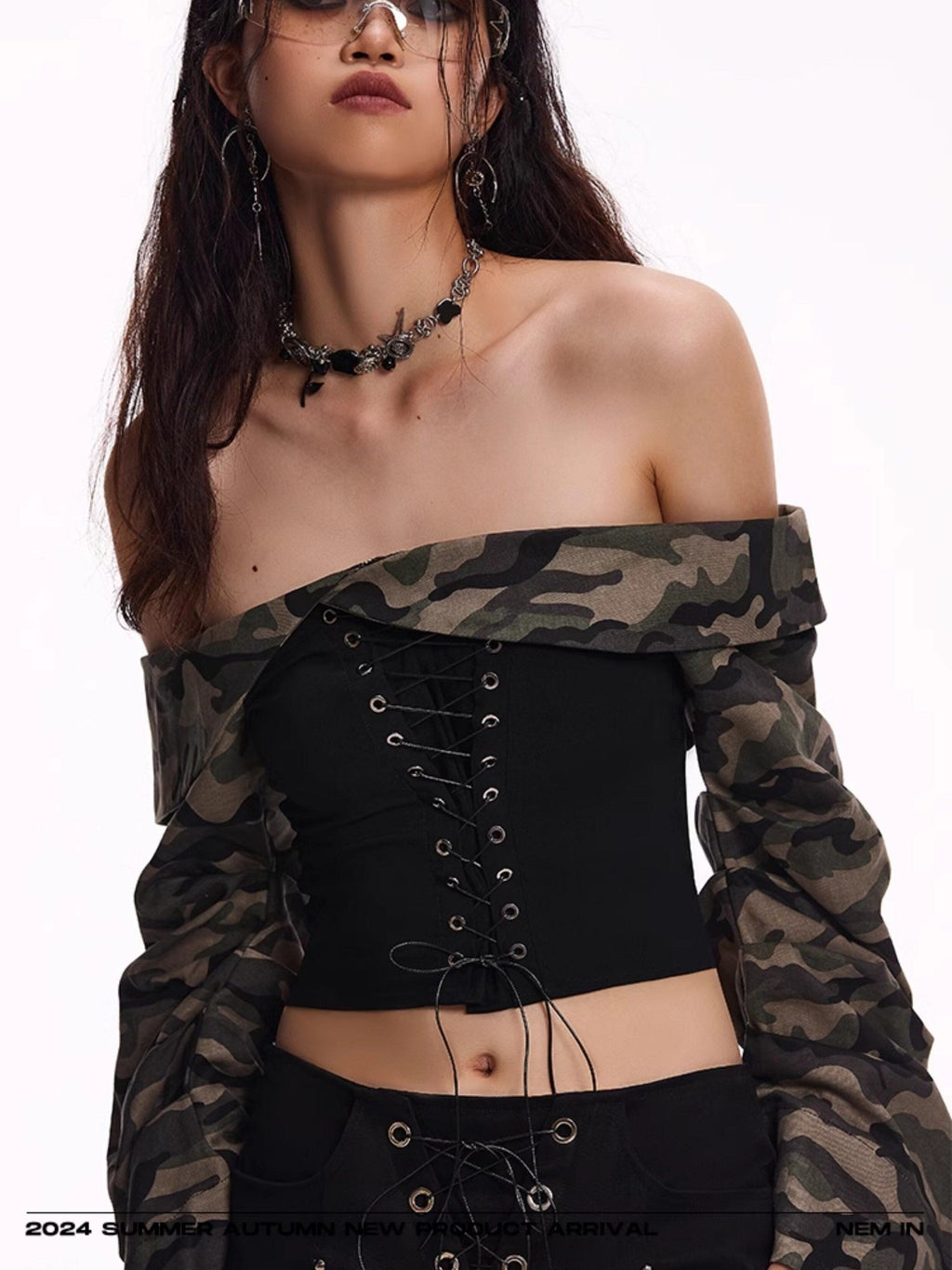 START THE ENGINE Camouflage Lace Up Bandeau Spliced Women's Cotton Blend Off-shoulder Blouses
