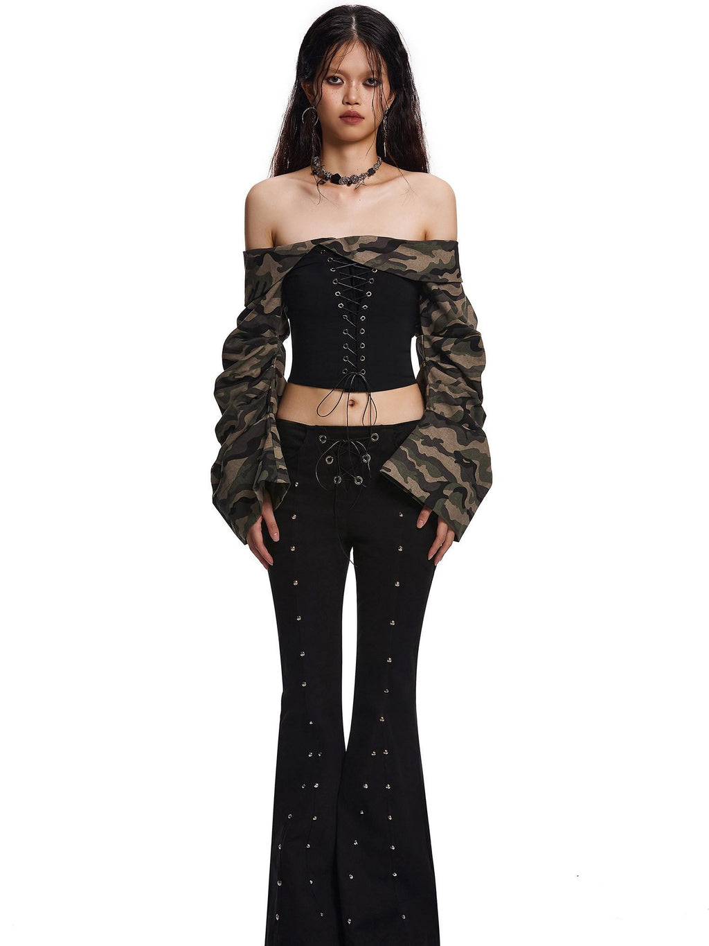 START THE ENGINE Camouflage Lace Up Bandeau Spliced Women's Cotton Blend Off-shoulder Blouses