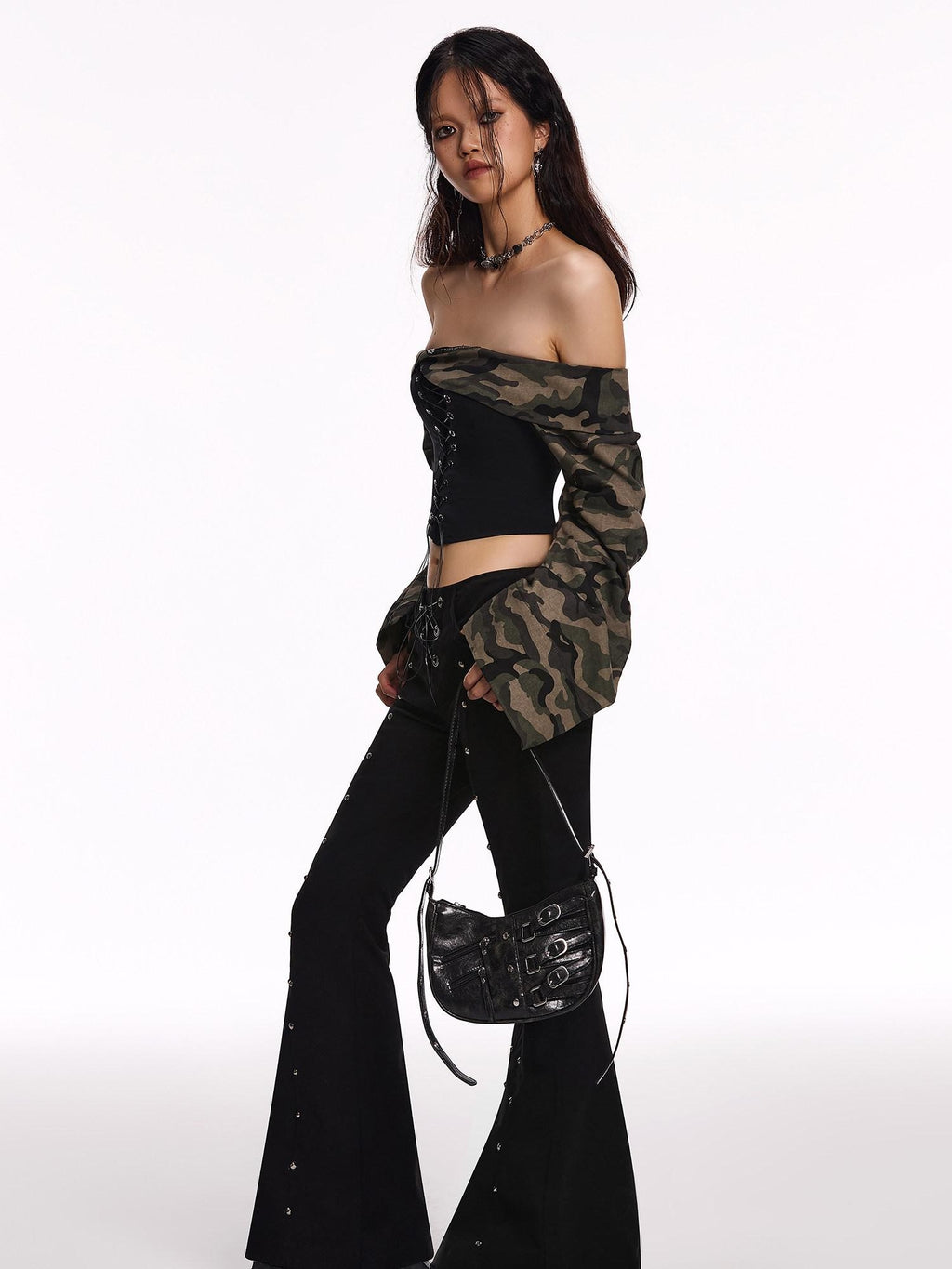 START THE ENGINE Camouflage Lace Up Bandeau Spliced Women's Cotton Blend Off-shoulder Blouses