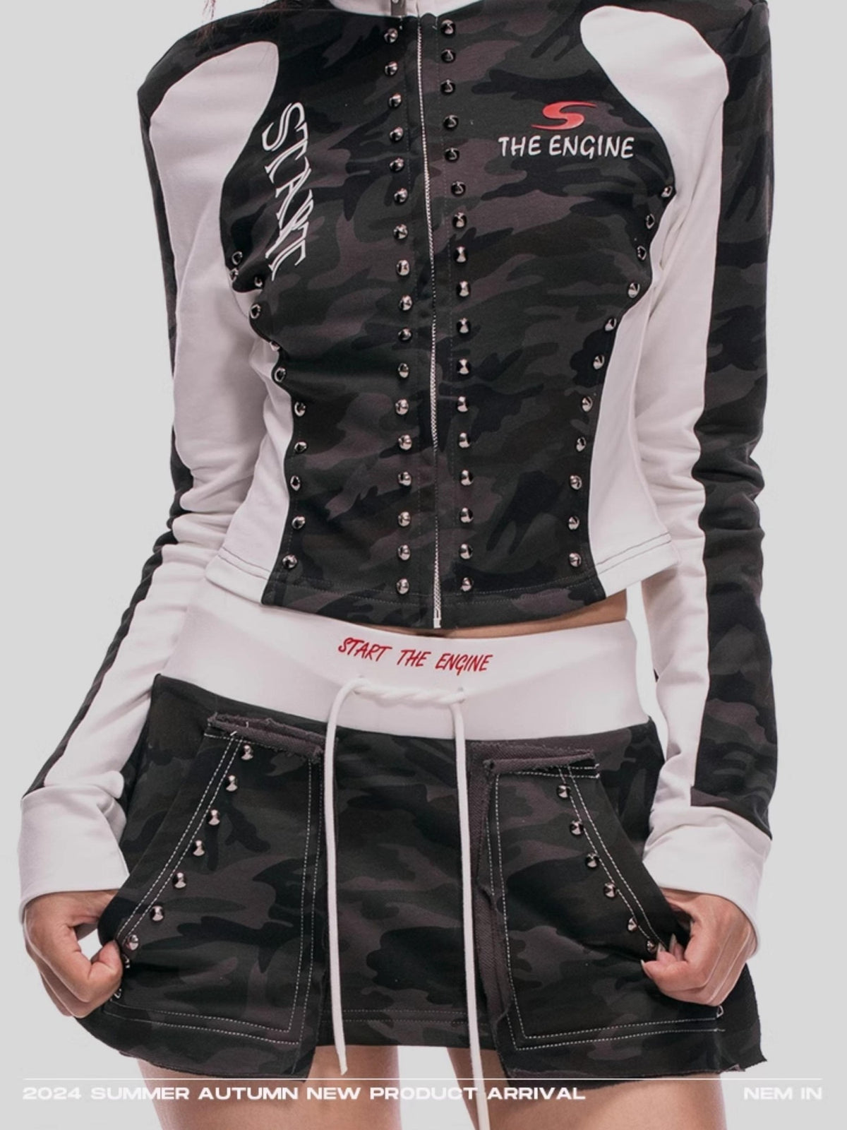 START THE ENGINE Camouflage Lace Up Studded Low Waist Slim Fit Cotton Women's Mini Skirts
