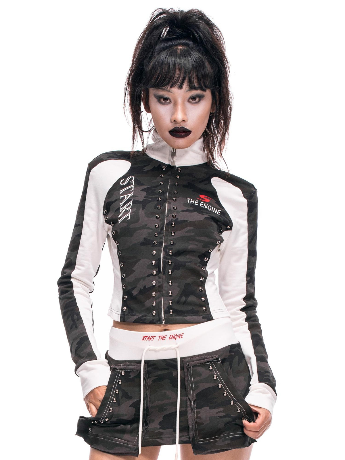START THE ENGINE Camouflage Lace Up Studded Low Waist Slim Fit Cotton Women's Mini Skirts