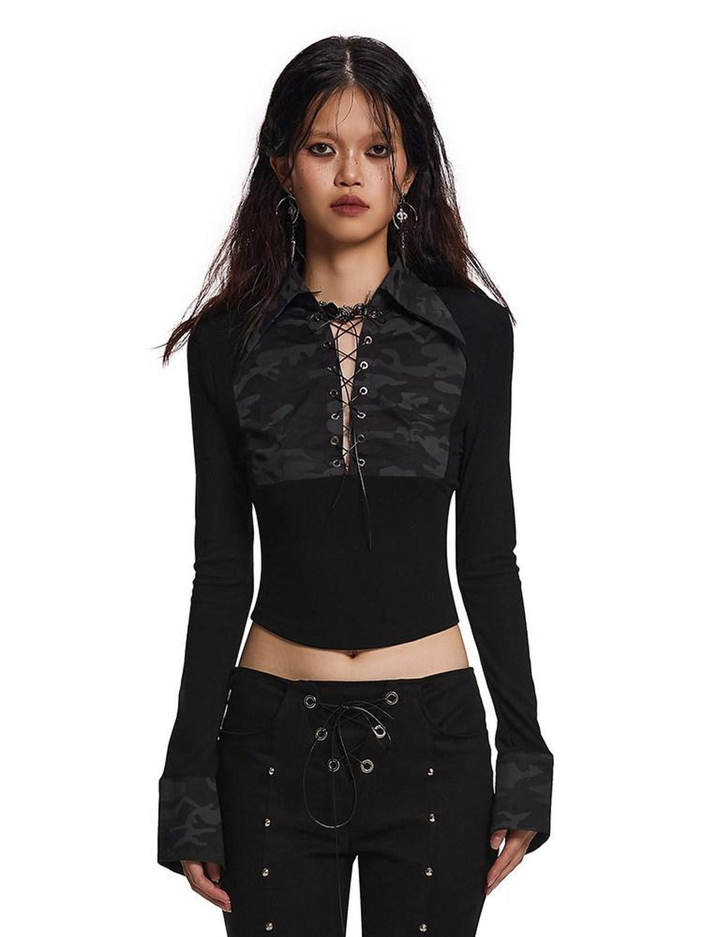 START THE ENGINE Camouflage Patchwork Henley Collar Slim Fit Women's Viscose Long Sleeve T-shirts