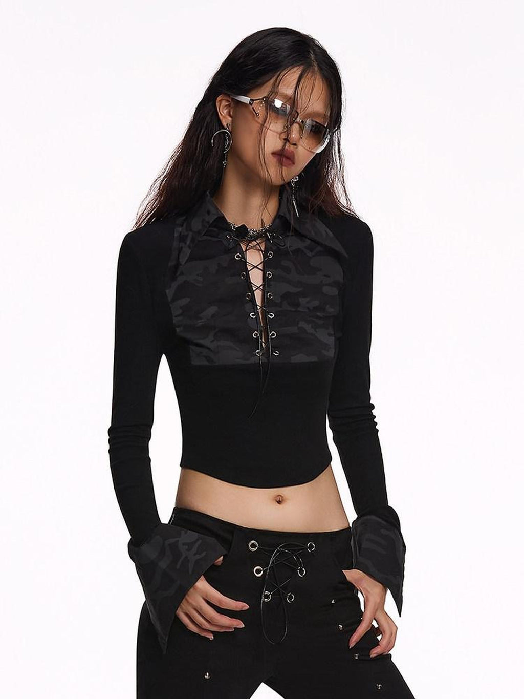 START THE ENGINE Camouflage Patchwork Henley Collar Slim Fit Women's Viscose Long Sleeve T-shirts