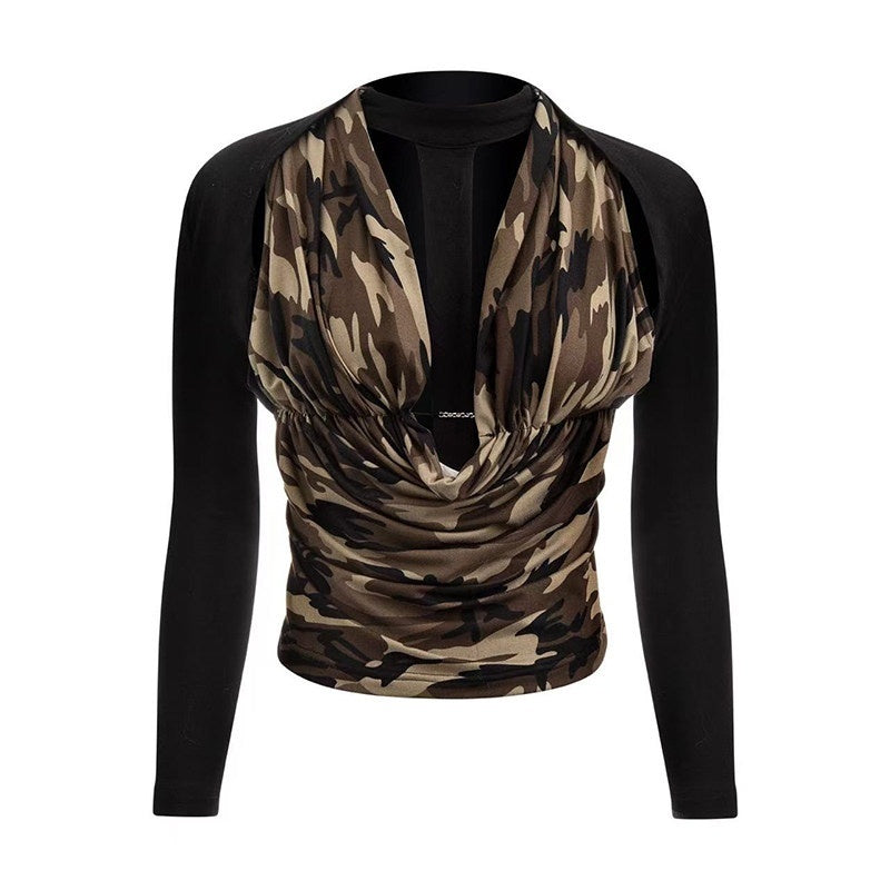 START_THE_ENGINE_Camouflage_Spliced_Deep_V_Tie_Women's_Viscose_Long_Sleeve_T-shirts_979116343402_MISSTT