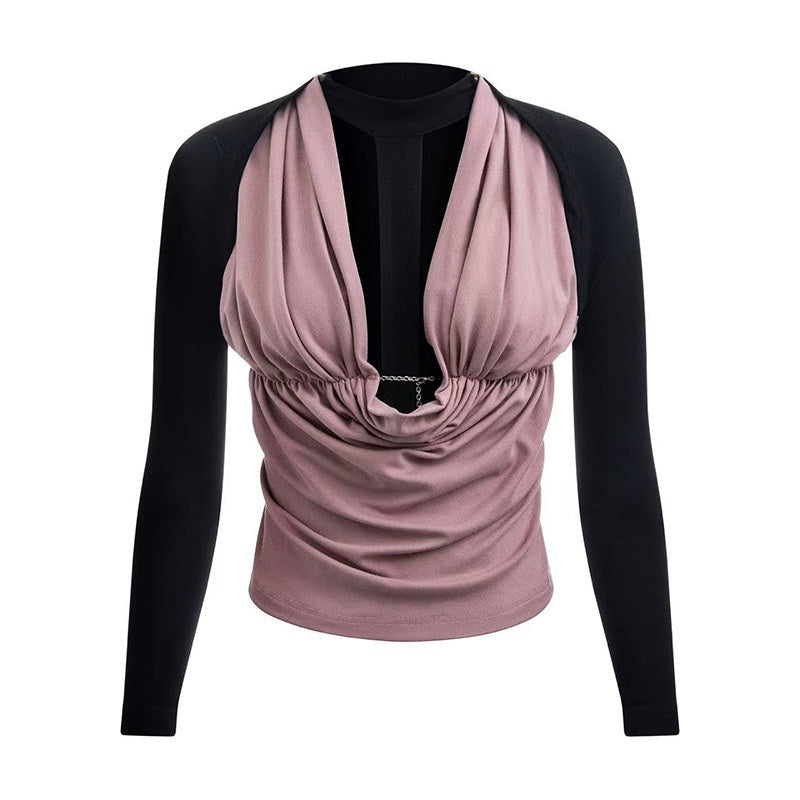 START_THE_ENGINE_Camouflage_Spliced_Deep_V_Tie_Women's_Viscose_Long_Sleeve_T-shirts_979116343402_MISSTT
