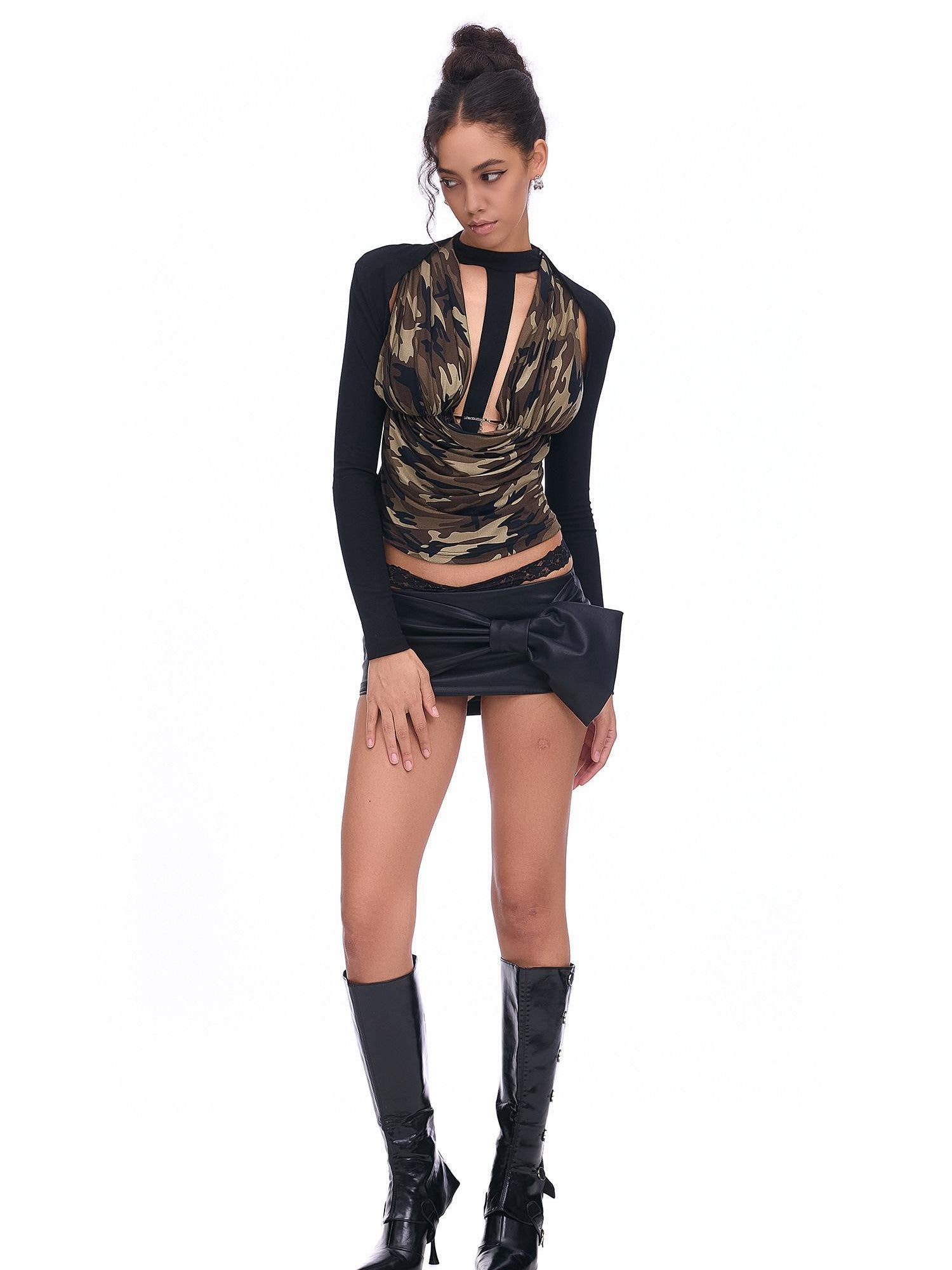 START THE ENGINE Camouflage Spliced Deep V Tie Women's Viscose Long Sleeve T-shirts