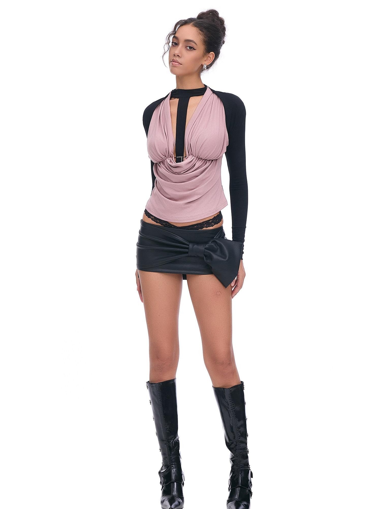 START THE ENGINE Camouflage Spliced Deep V Tie Women's Viscose Long Sleeve T-shirts