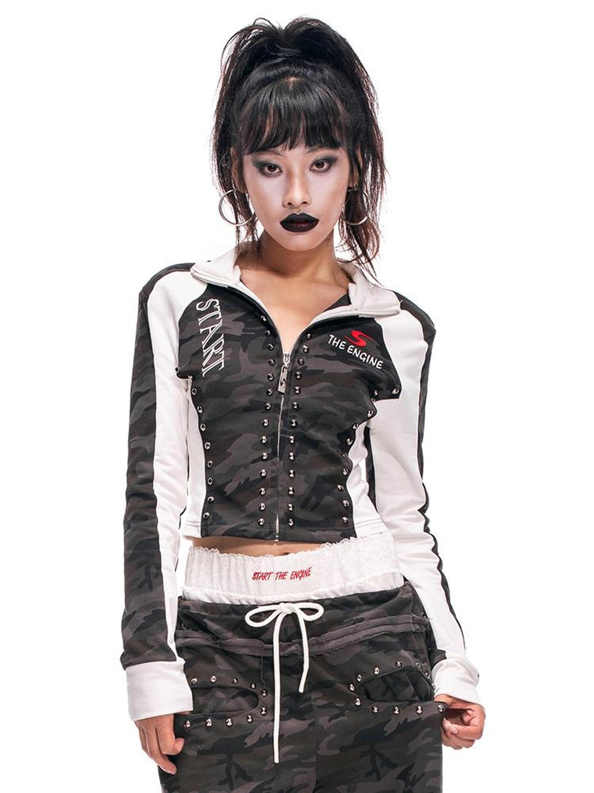 START THE ENGINE Camouflage Studded Zip Slim Fit Women's Cotton Cropped Jackets