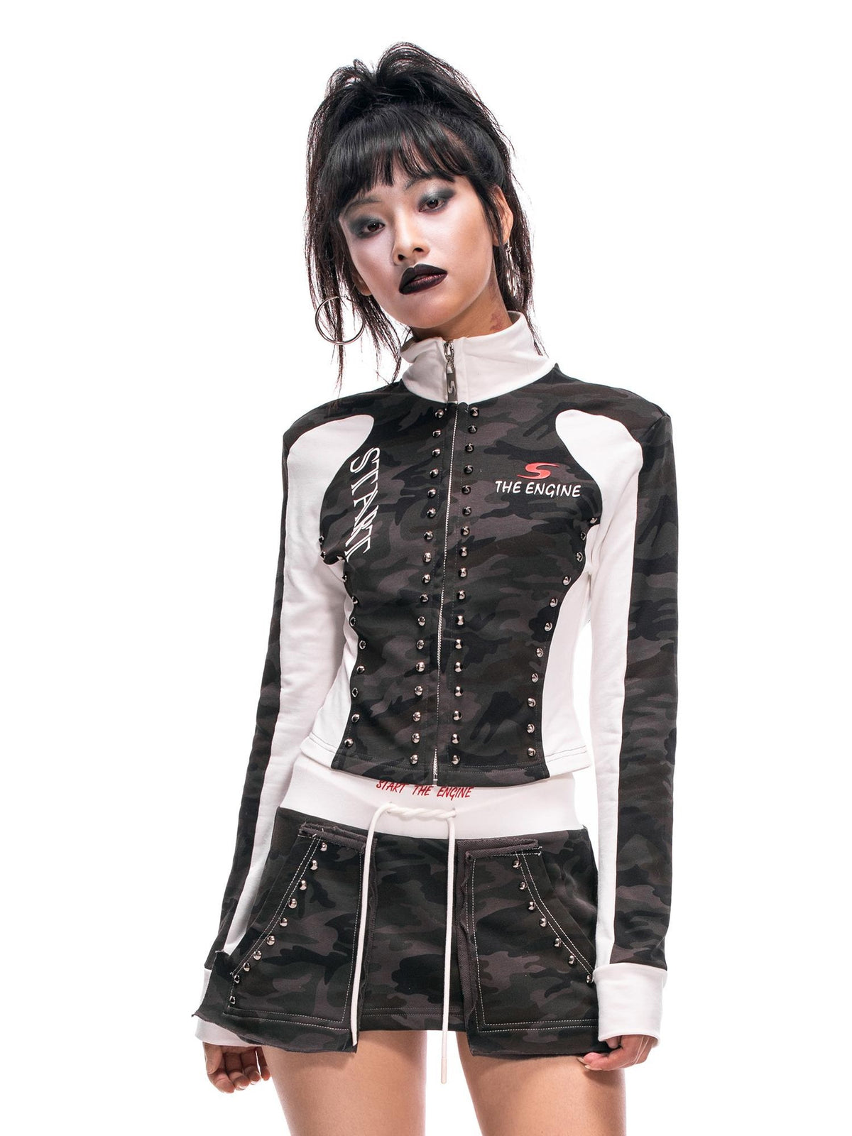 START THE ENGINE Camouflage Studded Zip Slim Fit Women's Cotton Cropped Jackets