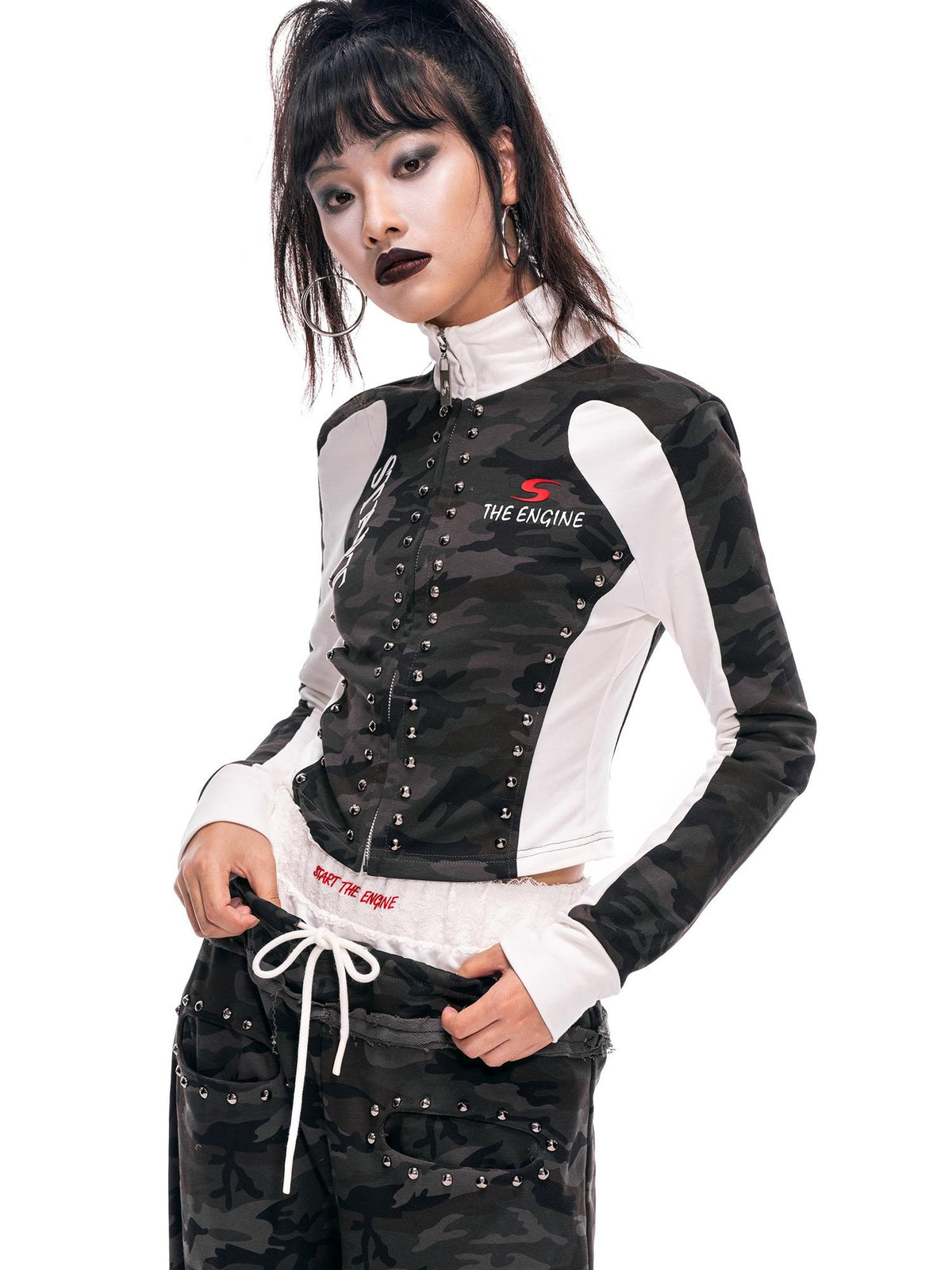 START THE ENGINE Camouflage Studded Zip Slim Fit Women's Cotton Cropped Jackets